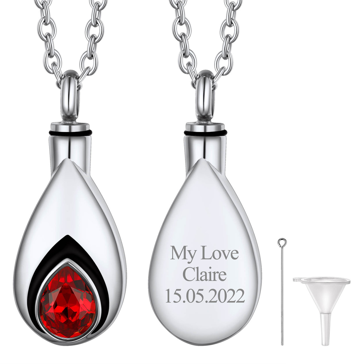 Collier Urne Personnalisé avec Pierre de Naissance pour Cendres Argenté  Janvier - Grenat