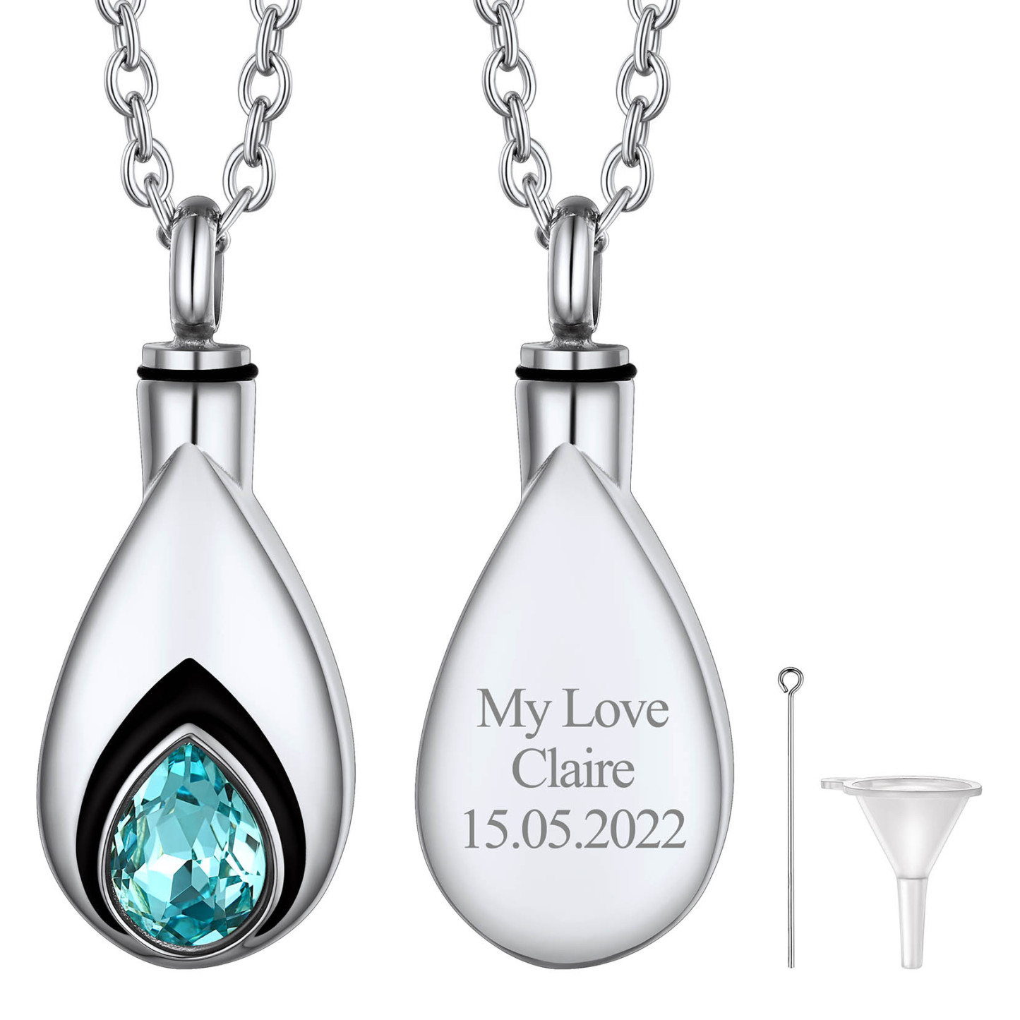 Collier Urne Personnalisé avec Pierre de Naissance pour Cendres  Mars - Aiguemarine