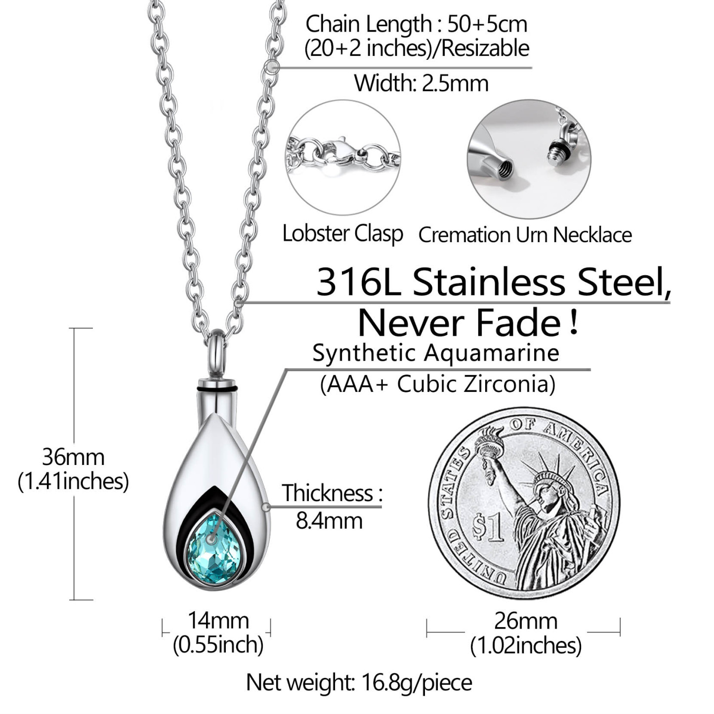 Collier Urne Personnalisé avec Pierre de Naissance pour Cendres Taille