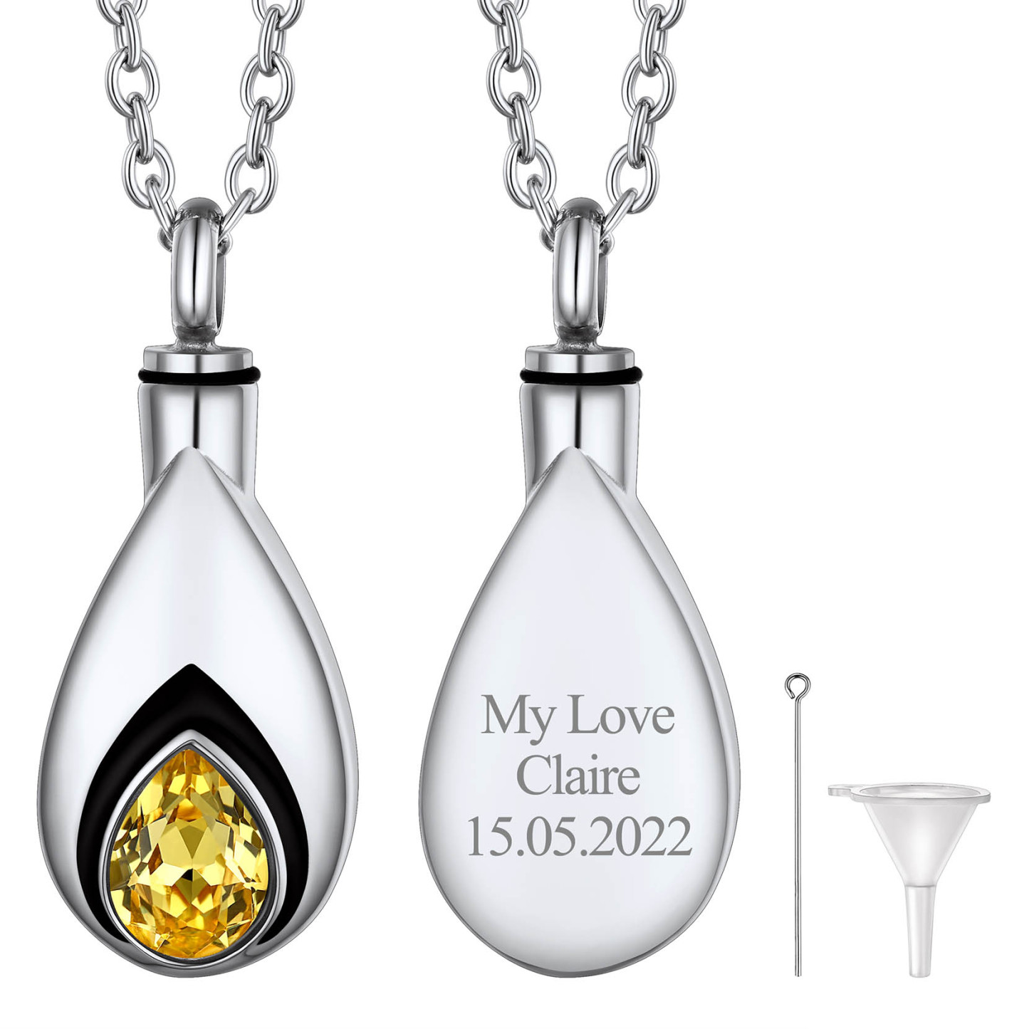 Collier Urne Personnalisé avec Pierre de Naissance pour Cendres Novembre - Topaze