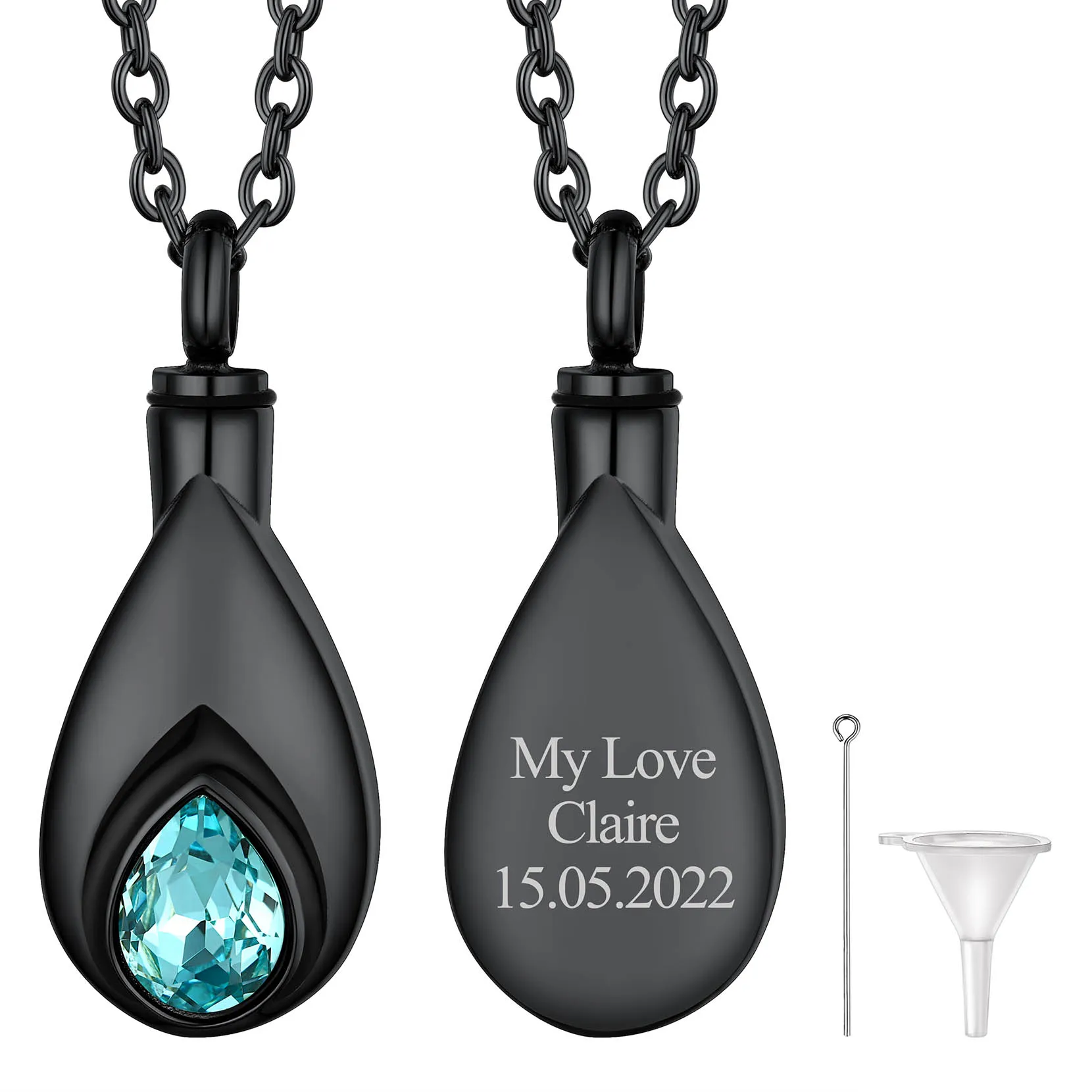 Collier Urne Personnalisé avec Pierre de Naissance Mars - Aiguemarine