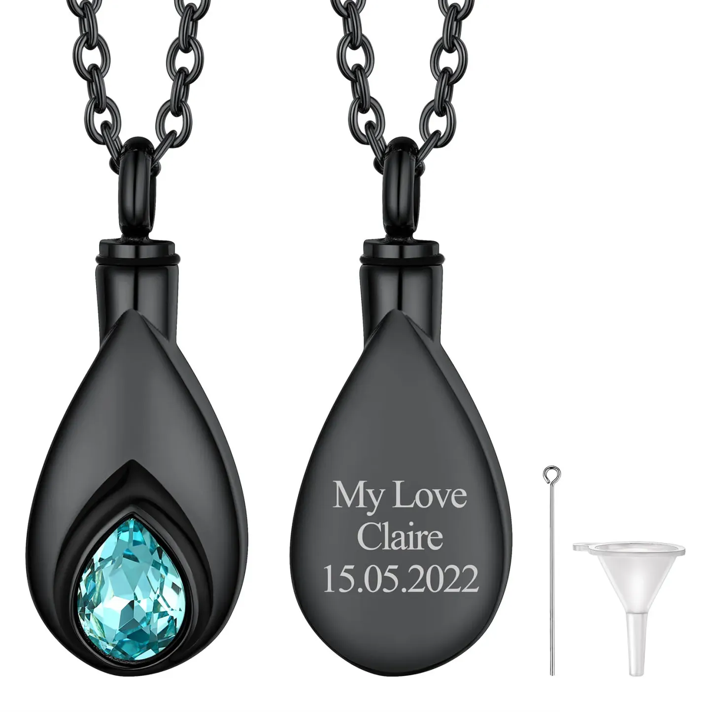 Collier Urne Personnalisé avec Pierre de Naissance Mars - Aiguemarine