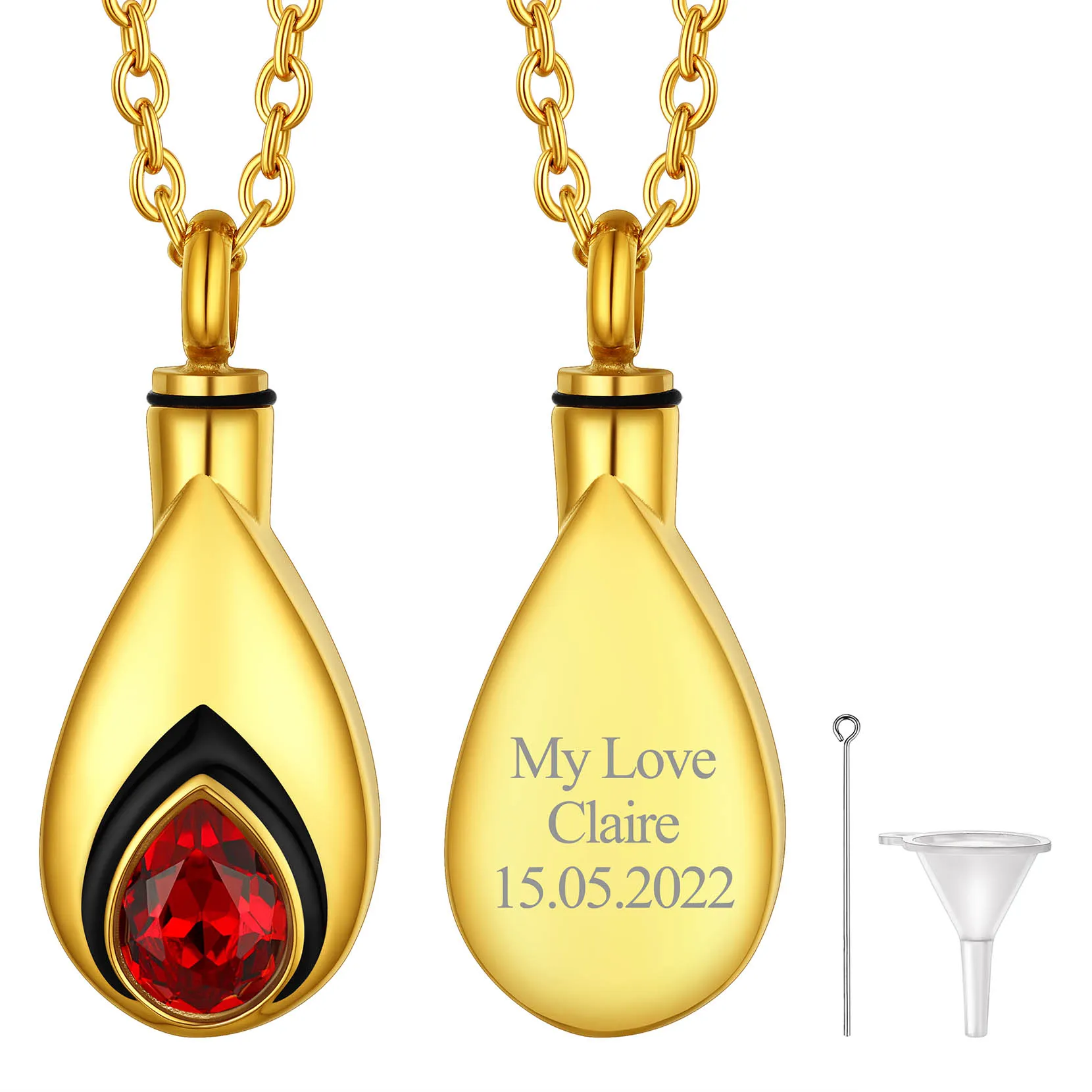 Collier Urne Personnalisé avec Pierre de Naissance pour Cendres Or Janvier - Grenat