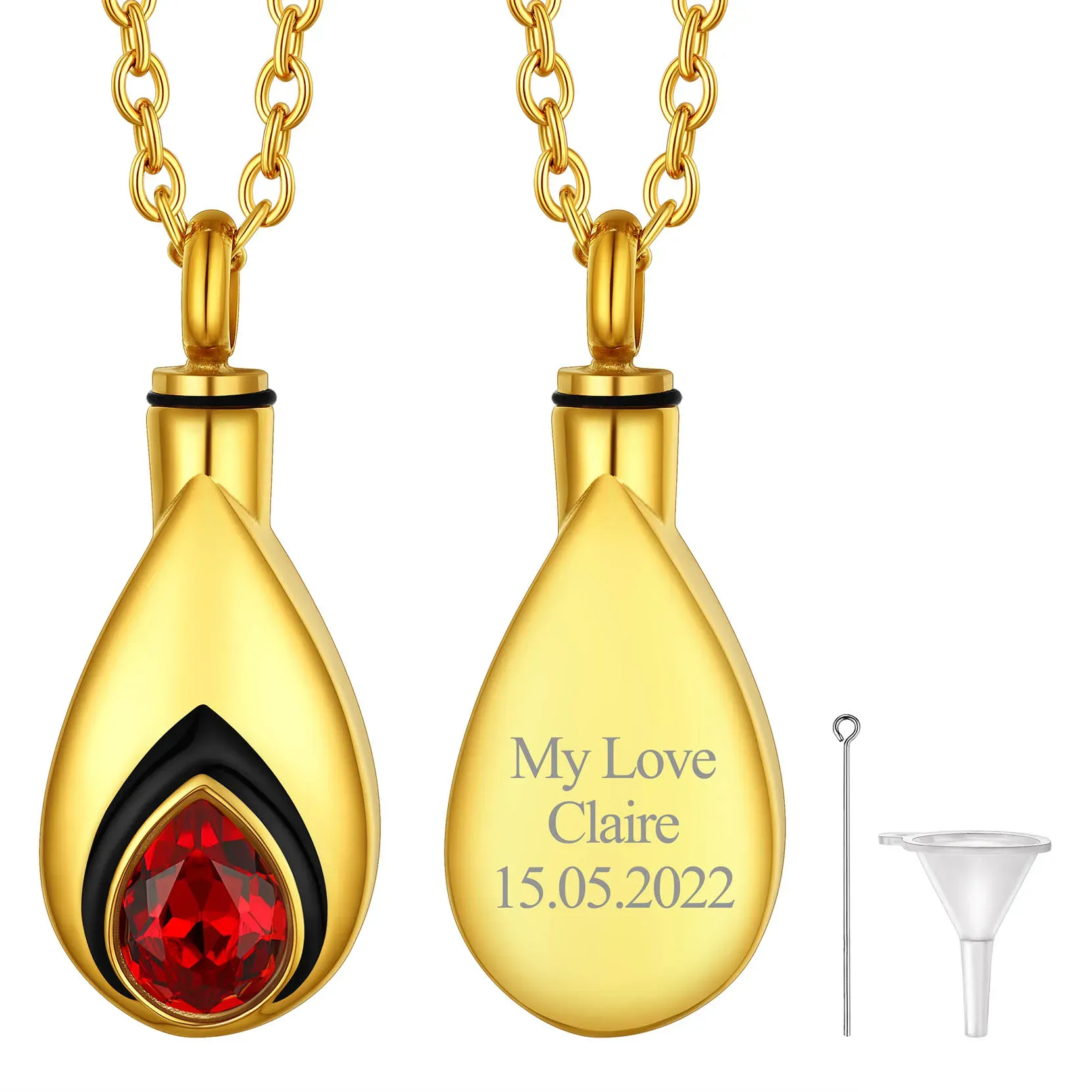 Collier Urne Personnalisé avec Pierre de Naissance pour Cendres Or Janvier - Grenat