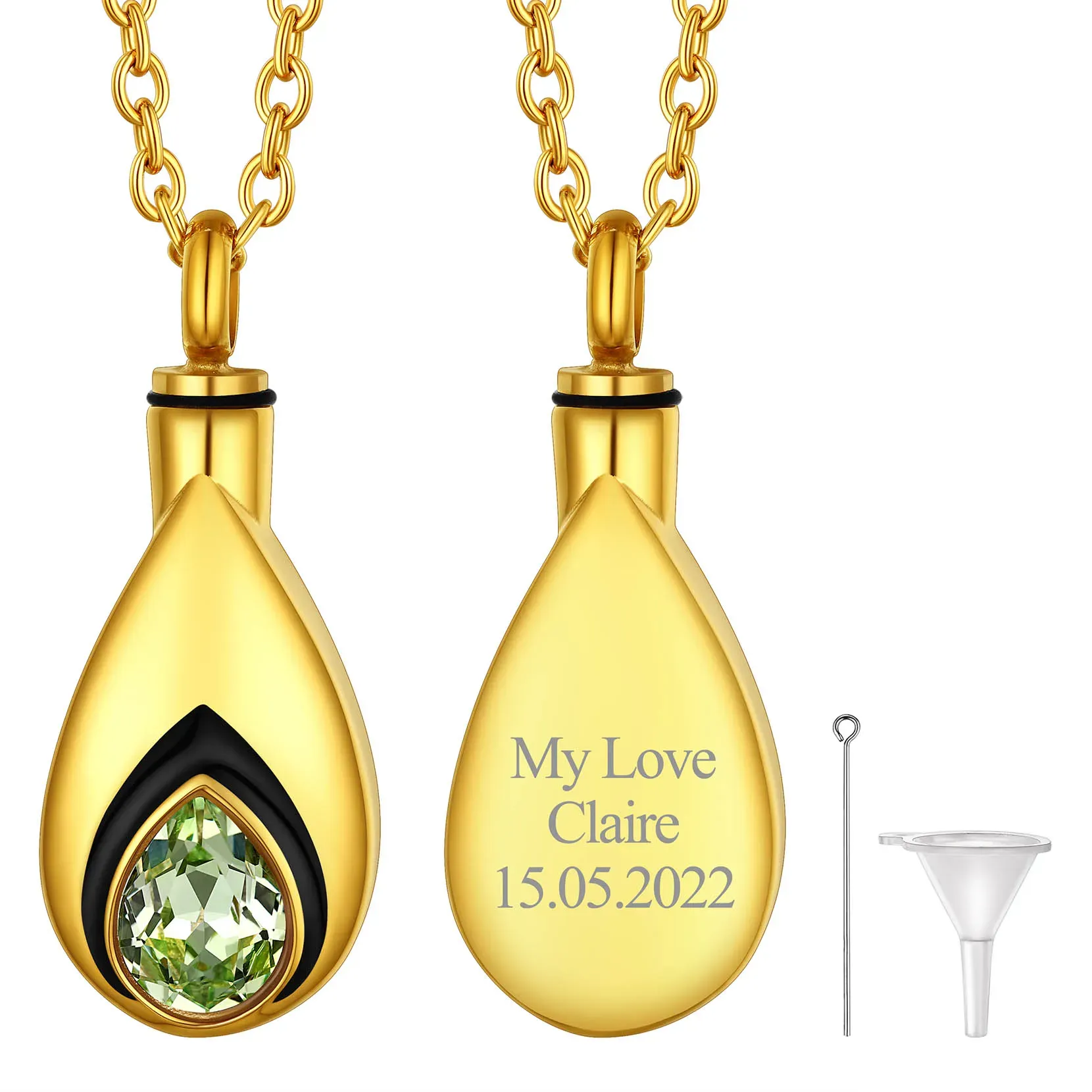 Collier Urne Personnalisé avec Pierre de Naissance pour Cendres Or Août - Péridot