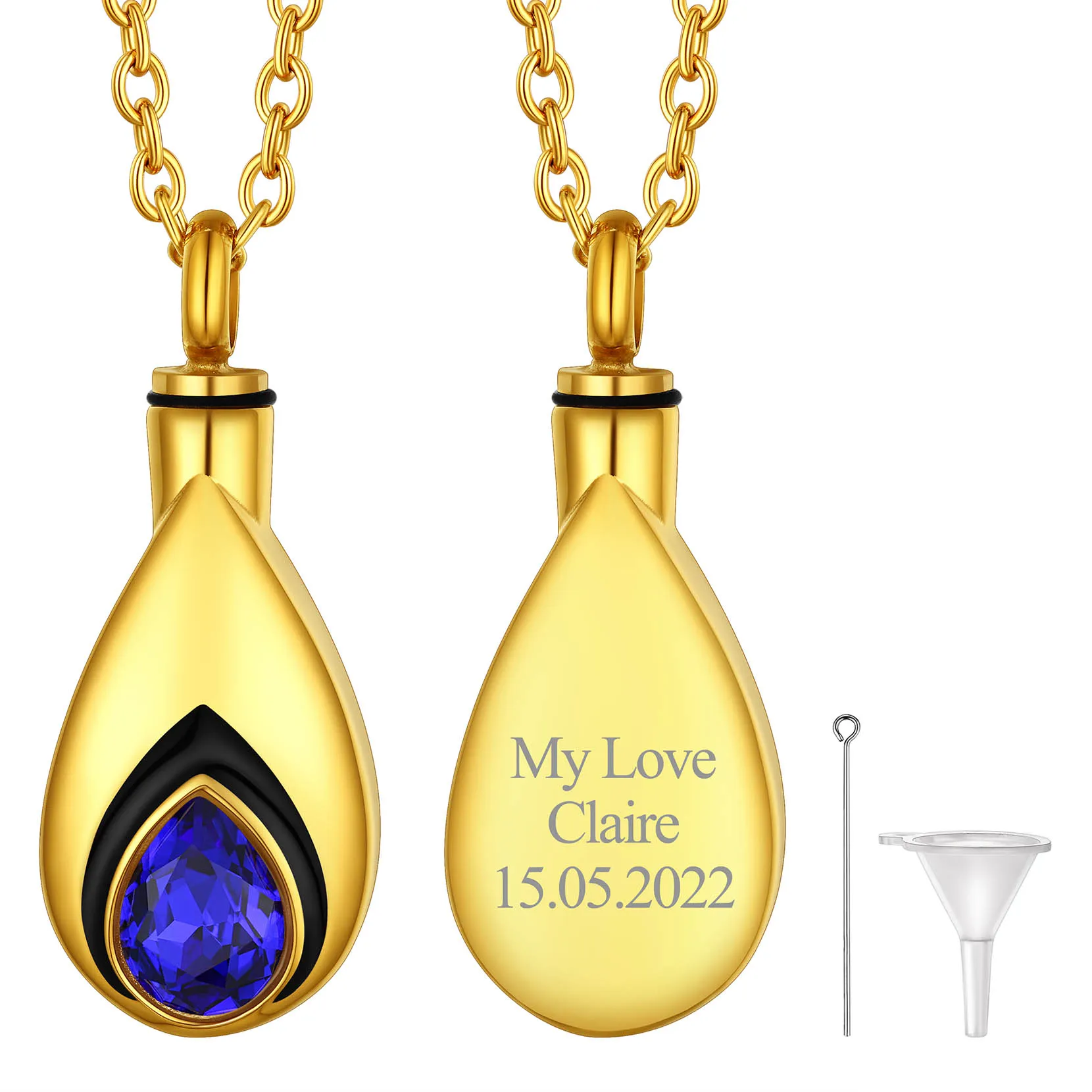 Collier Urne Personnalisé avec Pierre de Naissance pour Cendres Or Septembre - Saphir