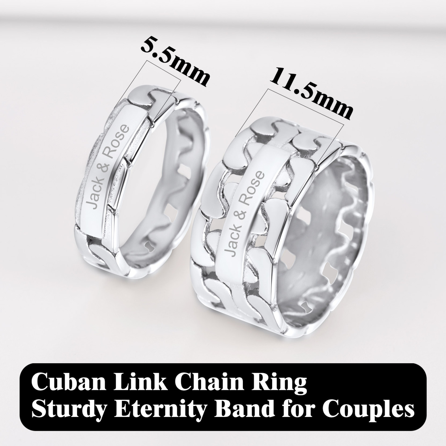 Bague Personnalisée en Chaîne Cubaine pour Couple Argenté