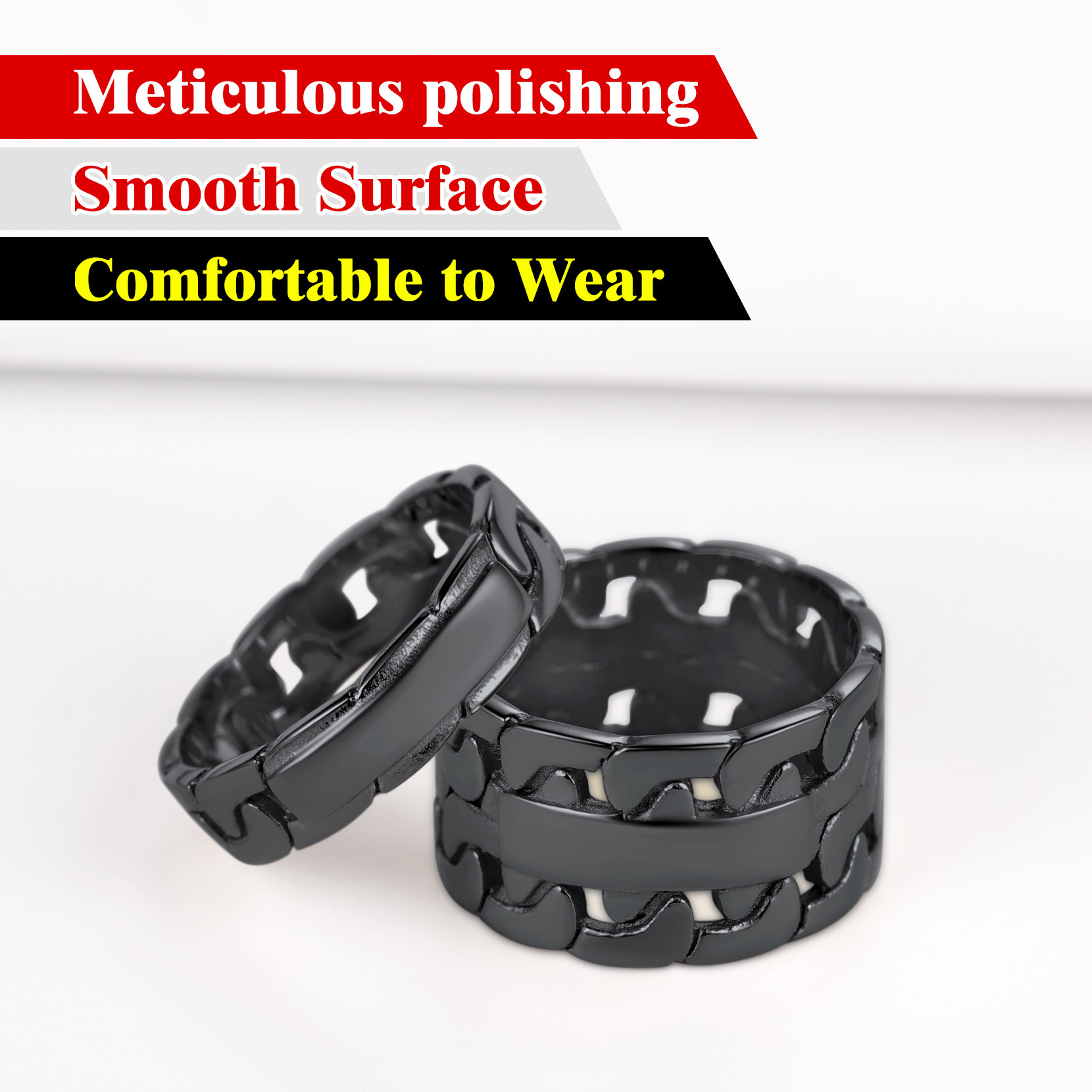 Bague Empilable Personnalisée en Chaîne Cubaine pour Couple Noir