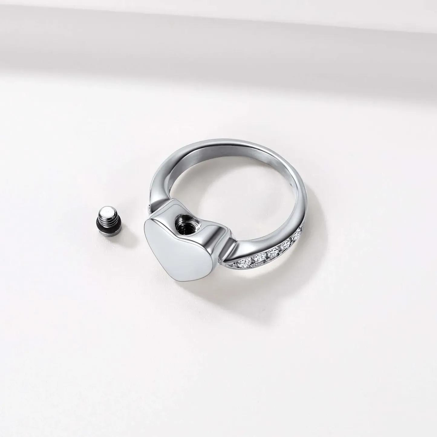 Bague Urne Crémation en Acier Inoxydable Personnalisée Cœur pour Cendres Argenté