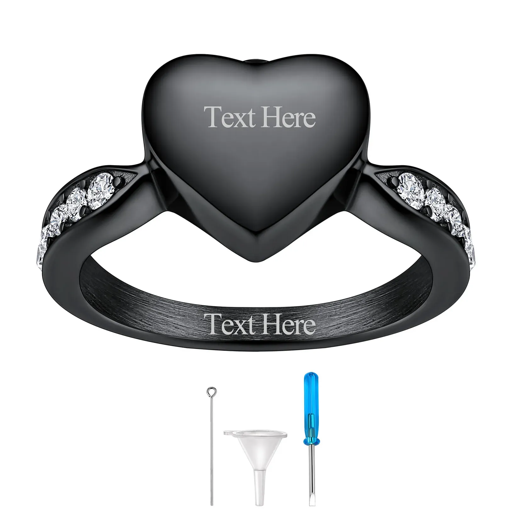 Bague Urne Crémation Personnalisée Cœur pour Cendres Noir