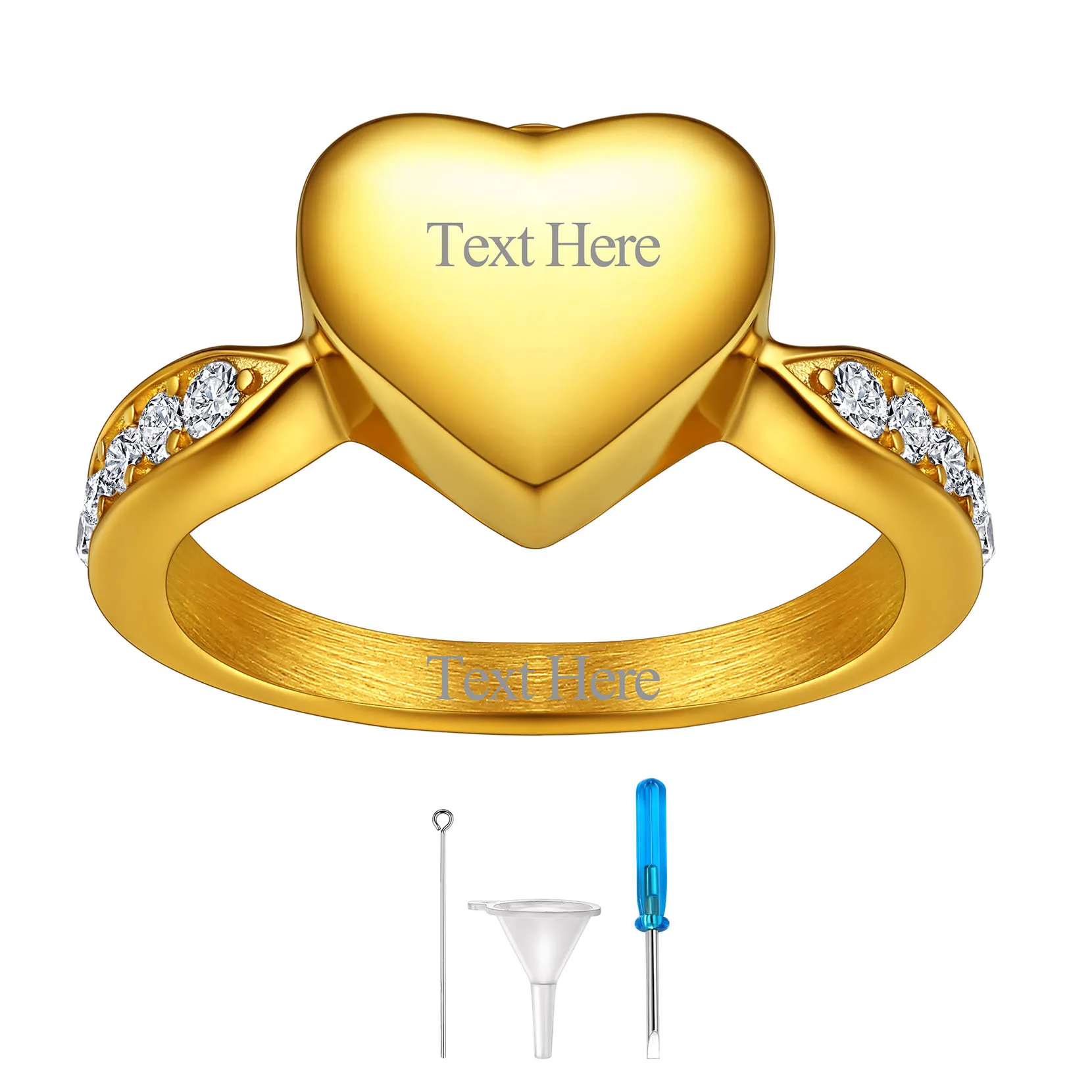 Bague Urne Crémation en Acier Inoxydable Personnalisée Cœur  Or