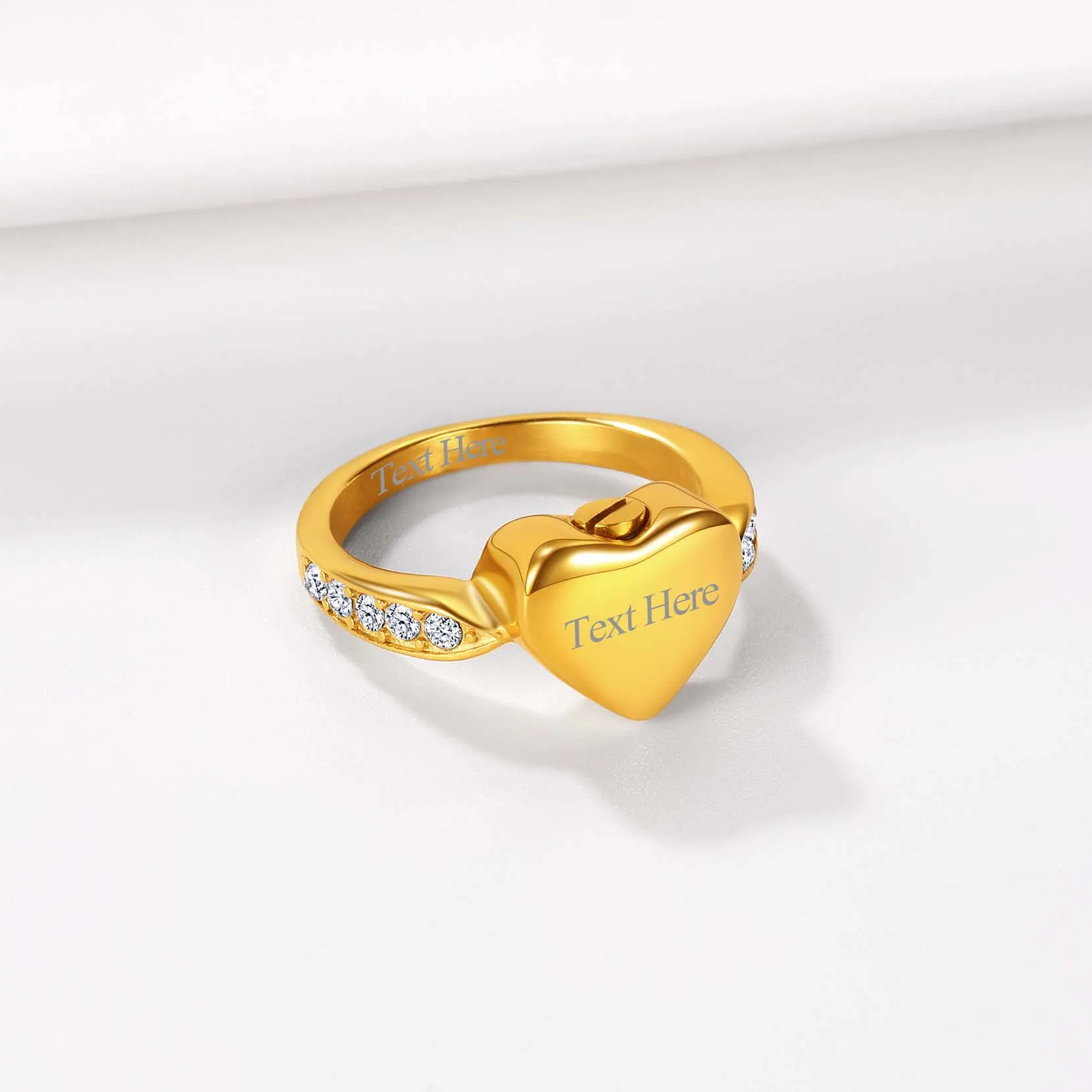 Bague Urne Crémation en Acier Inoxydable Personnalisée Cœur pour Cendres Or