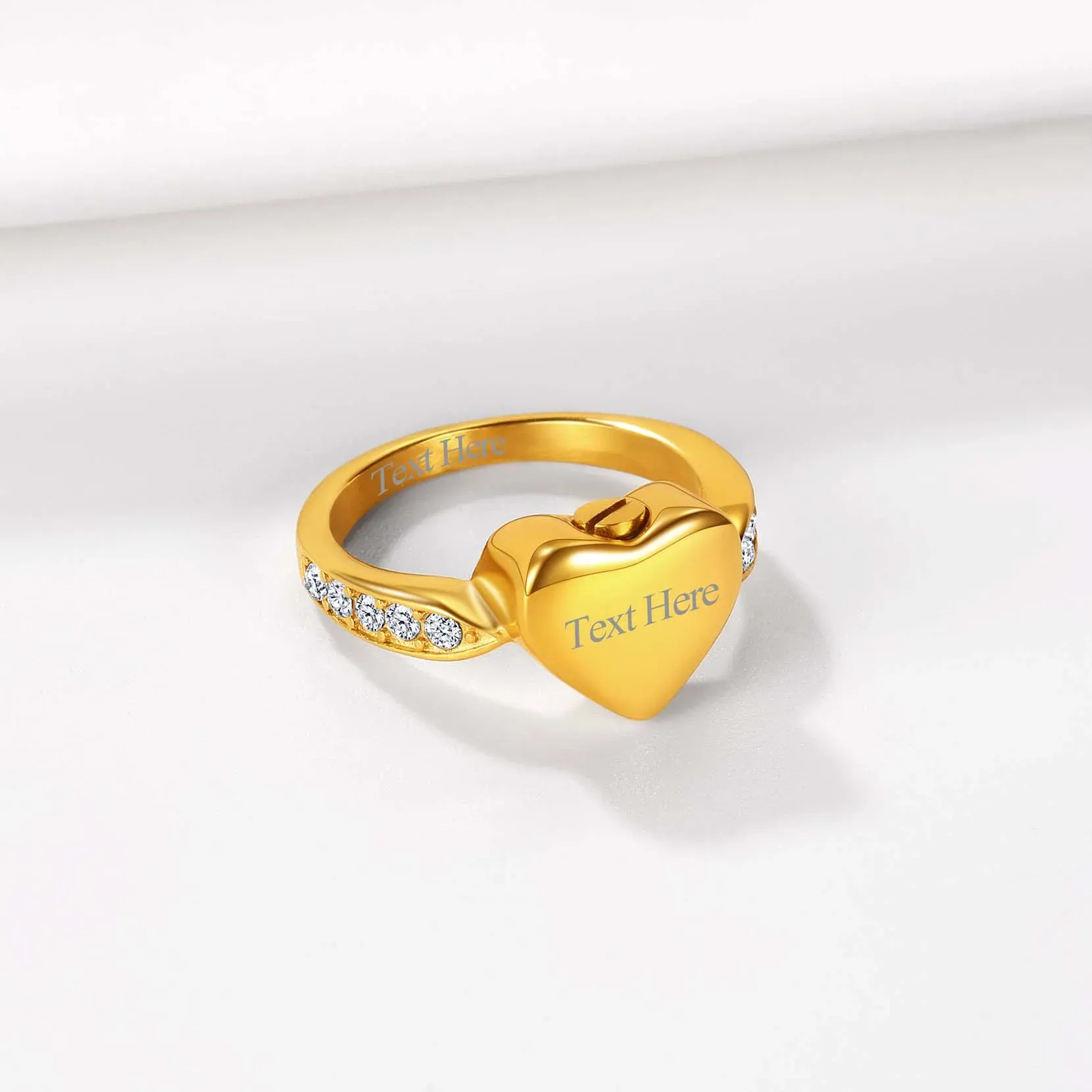 Bague Urne Crémation en Acier Inoxydable Personnalisée Cœur pour Cendres Or