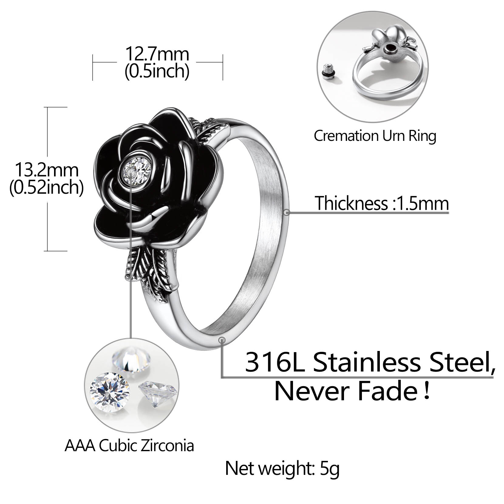 Bague Urne Commémorative Rose avec Pierre de Naissance pour Cendres Taille