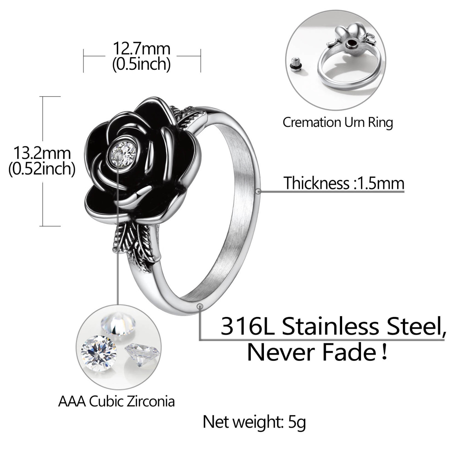 Bague Urne Commémorative Rose avec Pierre de Naissance pour Cendres Taille