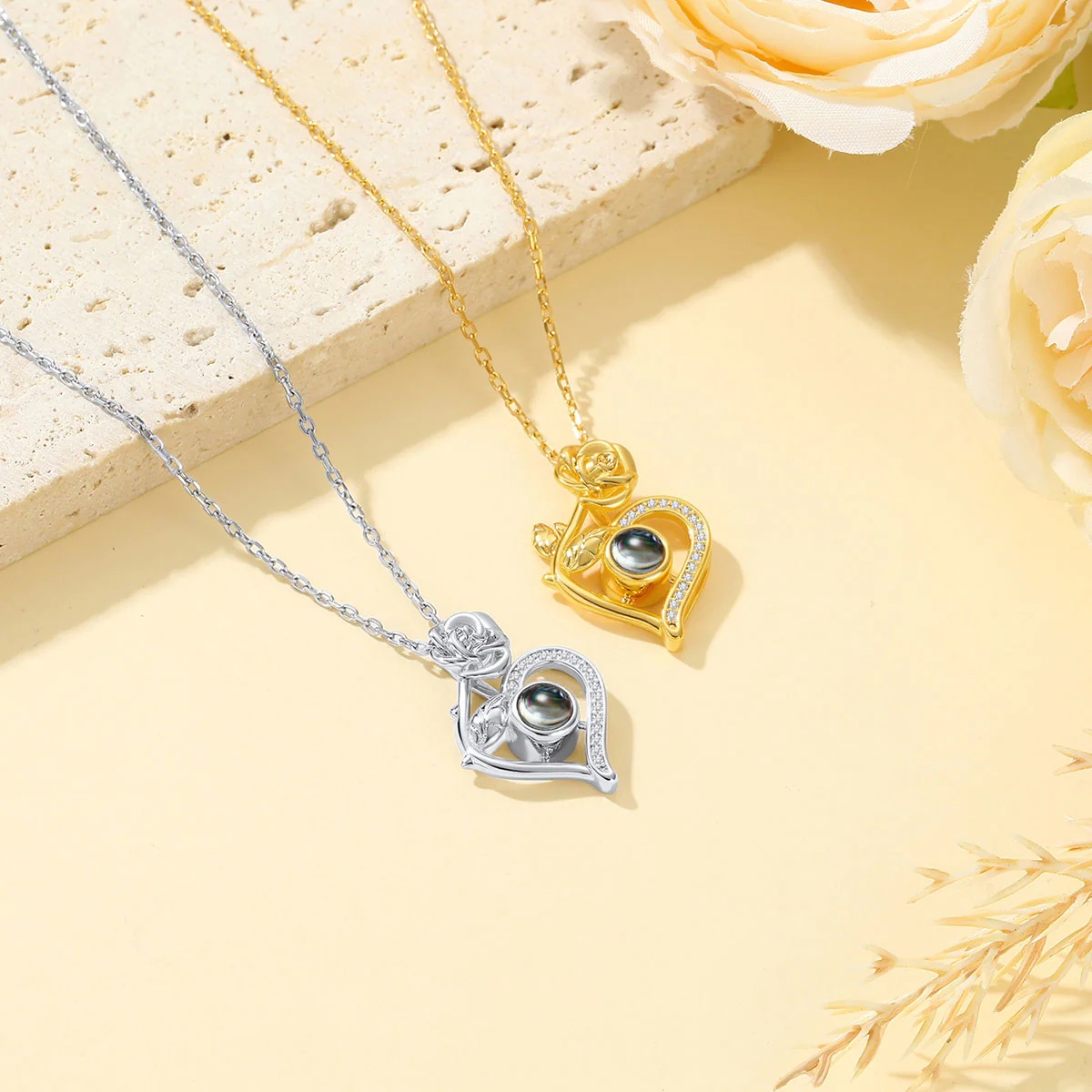 Collier Cœur Rose à Projection Photo Or Argenté