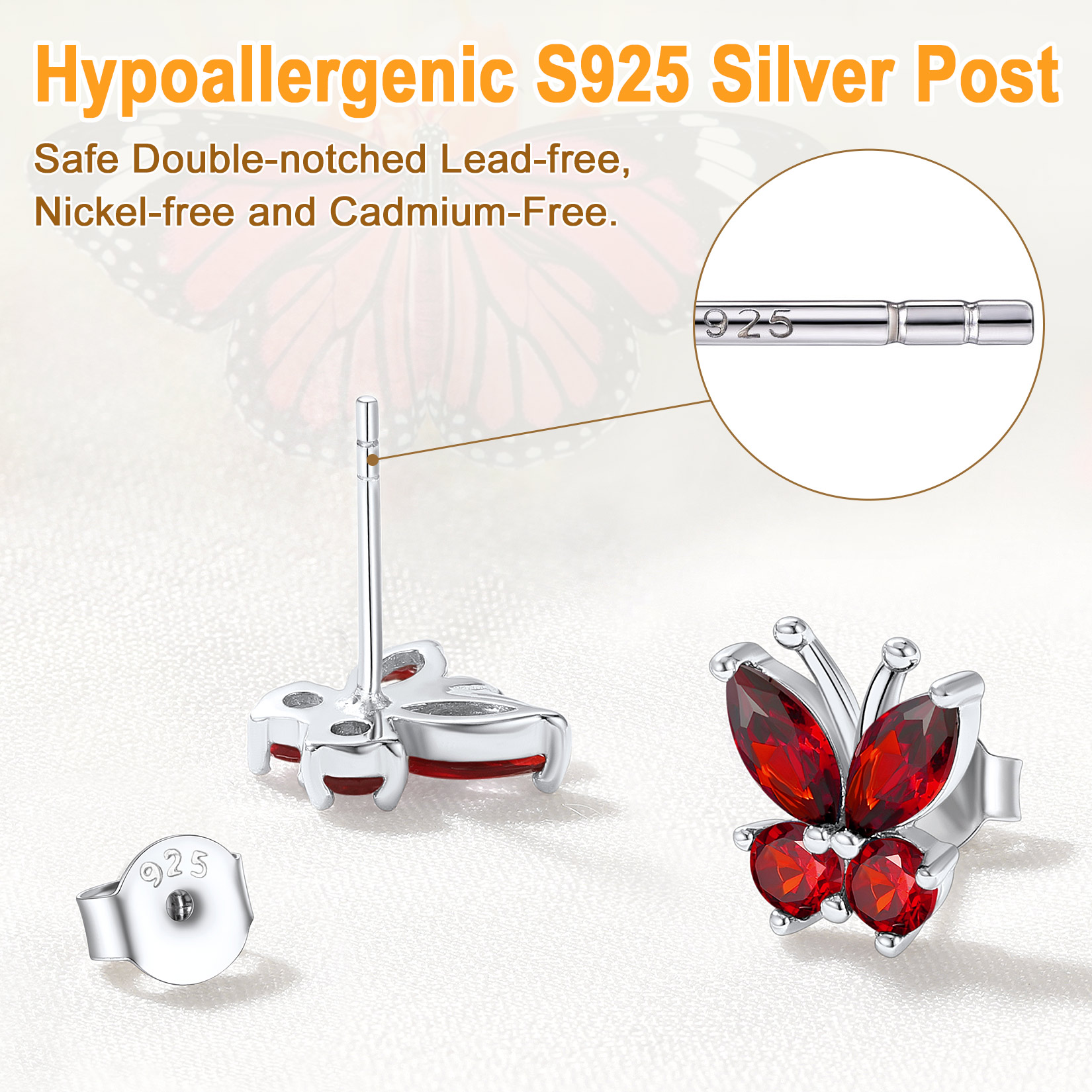 Boucles d'Oreilles Clous avec Pierre de Naissance et Papillon 