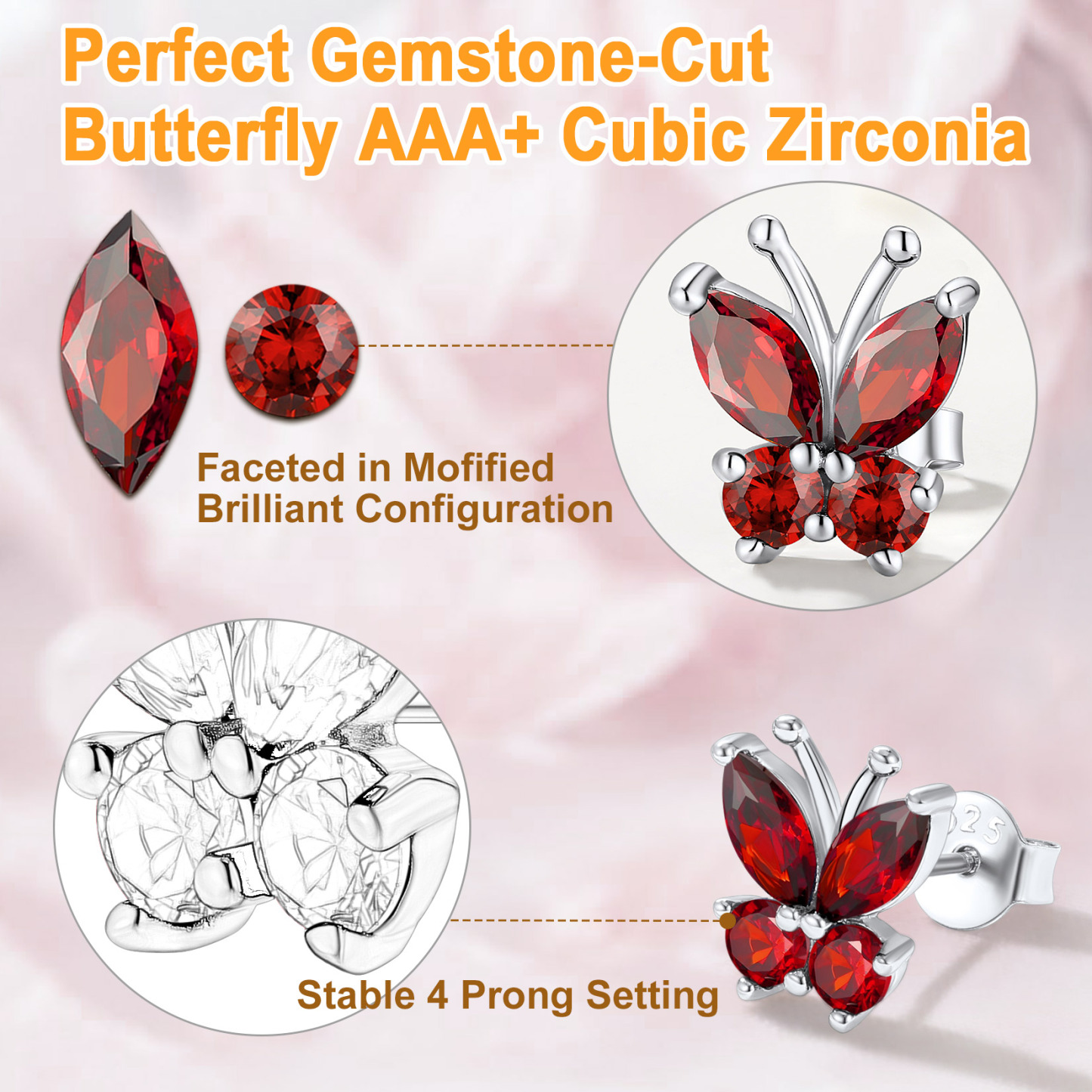 Boucles d'Oreilles Clous en Argent Sterling 925 avec Pierre de Naissance et Papillon pour Femmes Détaille