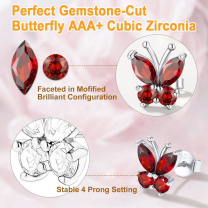 Boucles d'Oreilles Clous en Argent Sterling 925 avec Pierre de Naissance et Papillon pour Femmes Détaille