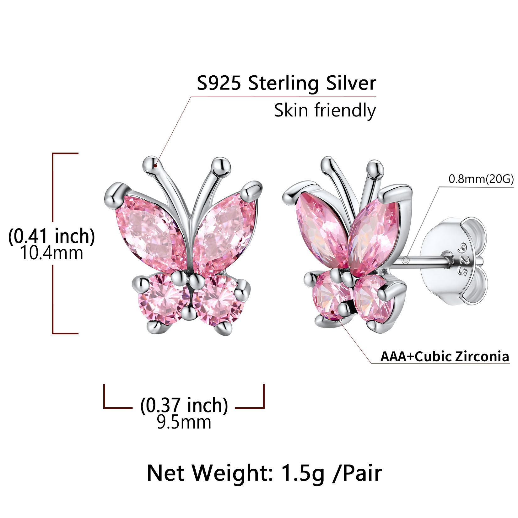 Boucles d'Oreilles Clous en Argent Sterling 925 avec Pierre de Naissance et Papillon pour Femmes Taille