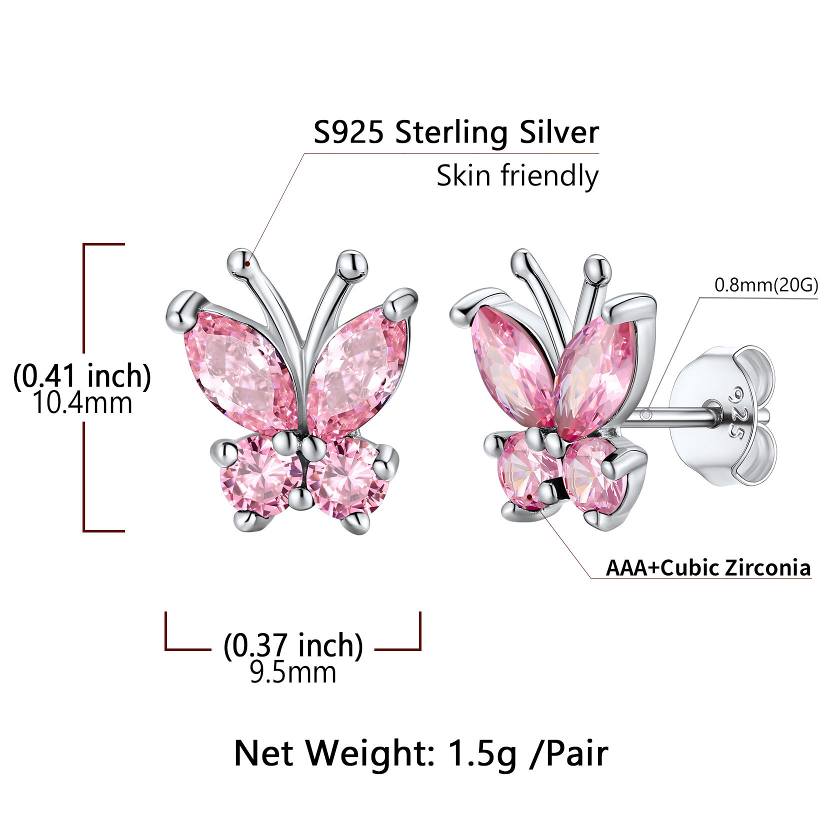 Boucles d'Oreilles Clous en Argent Sterling 925 avec Pierre de Naissance et Papillon pour Femmes Taille