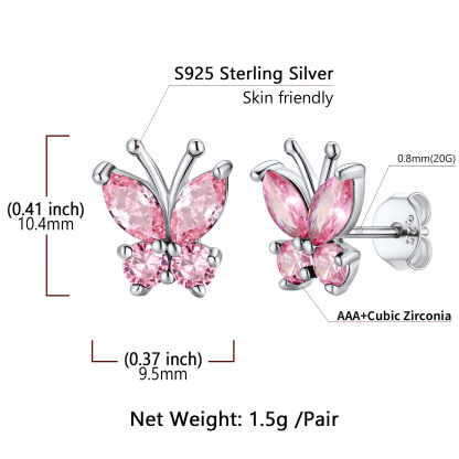 Boucles d'Oreilles Clous en Argent Sterling 925 avec Pierre de Naissance et Papillon pour Femmes Taille