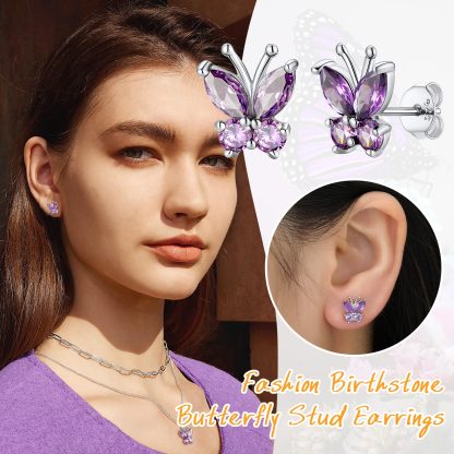 Clous d'Oreilles Papillon en Argent Sterling 925 avec Pierre de Naissance