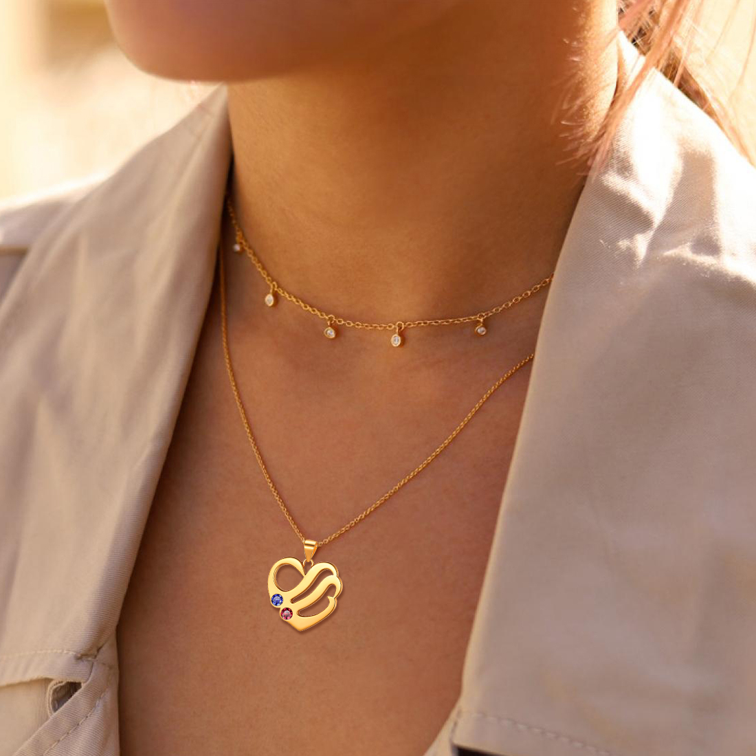 Collier Personnalisé Cœur  Prénoms et Pierres de Naissance