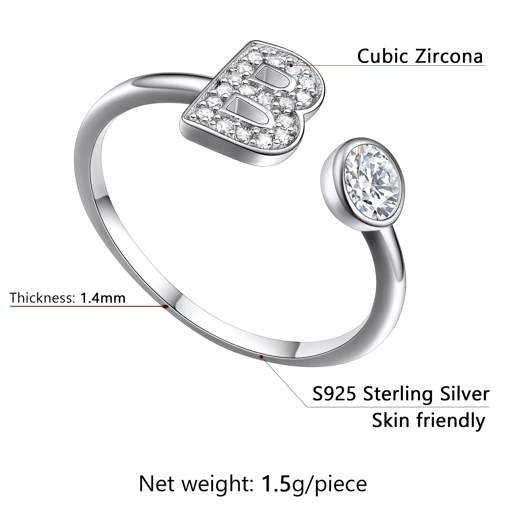  Bagues Ajustables en Argent Sterling avec Initiales A-Z en Zircon Cubique Taille