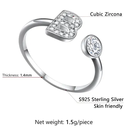  Bagues Ajustables en Argent Sterling avec Initiales A-Z en Zircon Cubique Taille