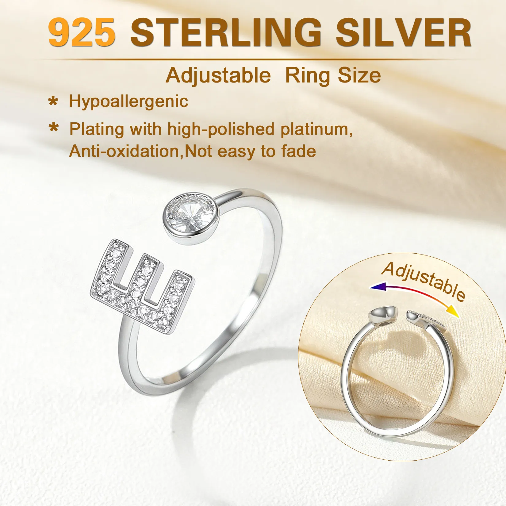  Bagues Ajustables en Argent Sterling avec Initiales A-Z en Zircon Cubique Détail