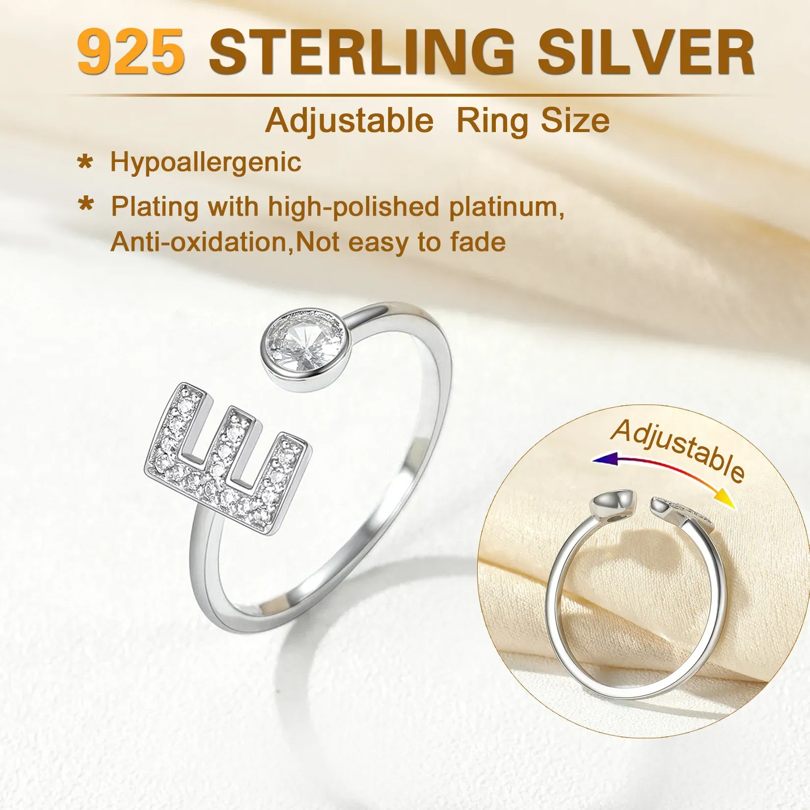  Bagues Ajustables en Argent Sterling avec Initiales A-Z en Zircon Cubique Détail