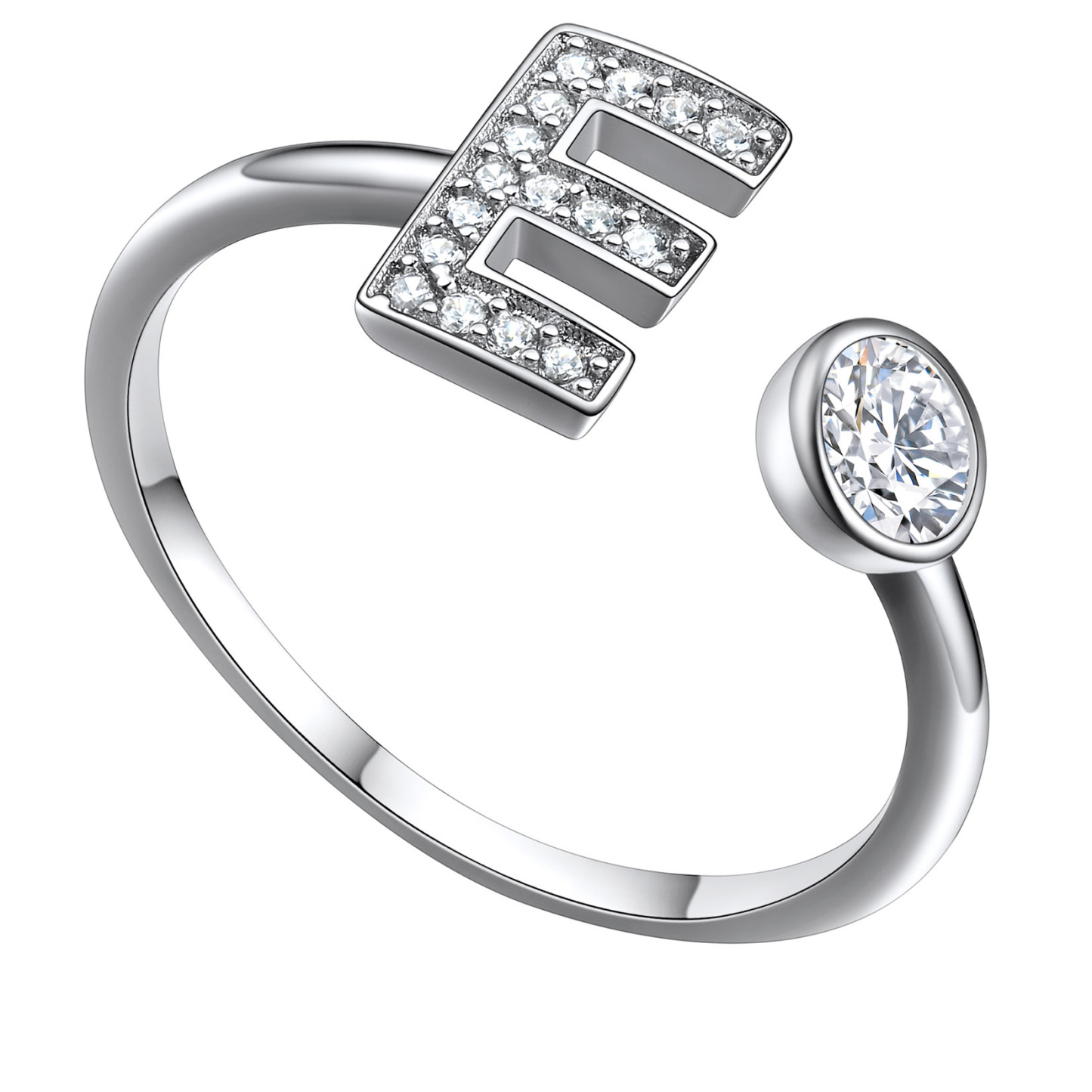  Bagues Ajustables en Argent Sterling avec Initiales A-Z en Zircon Cubique E