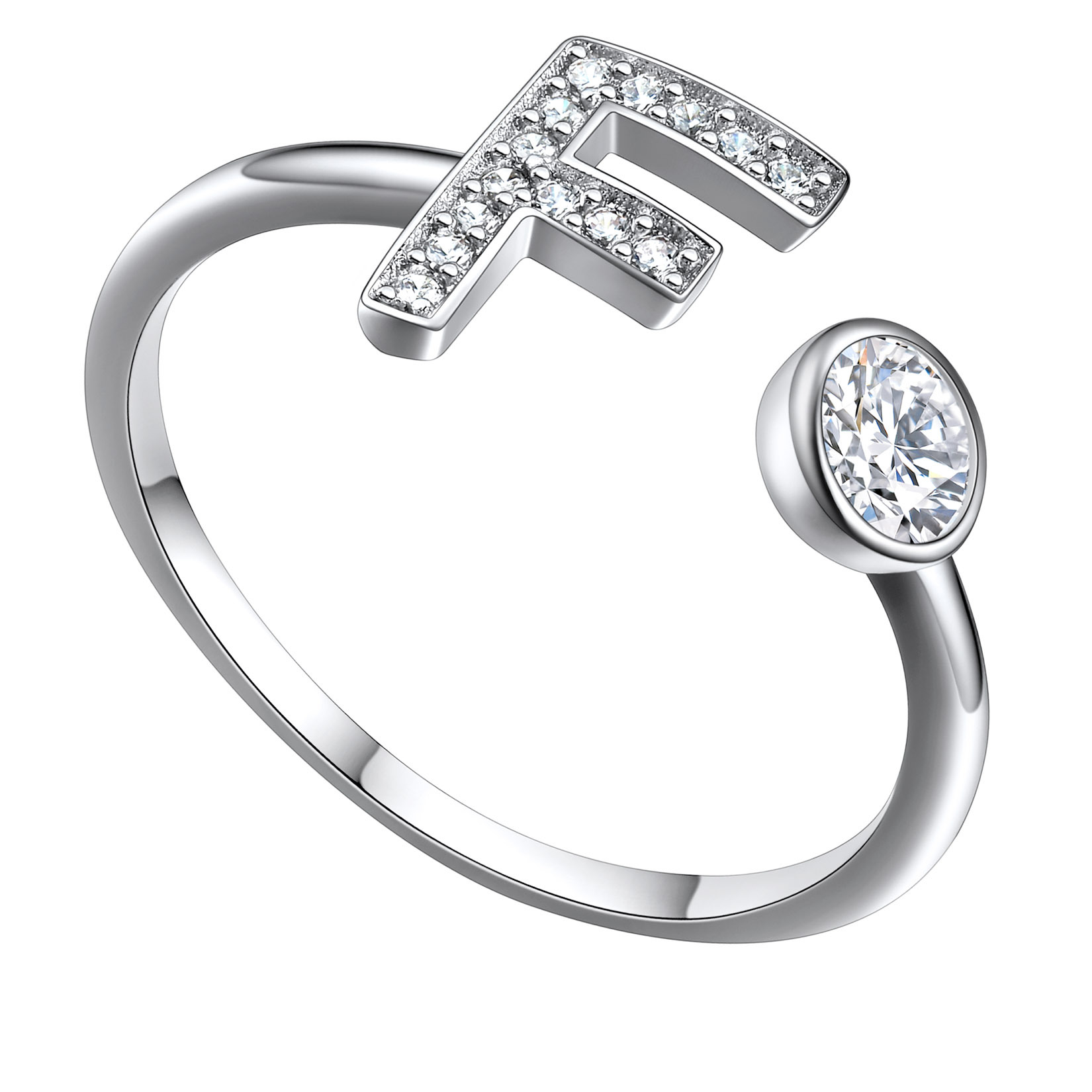  Bagues Ajustables en Argent Sterling avec Initiales A-Z en Zircon Cubique F