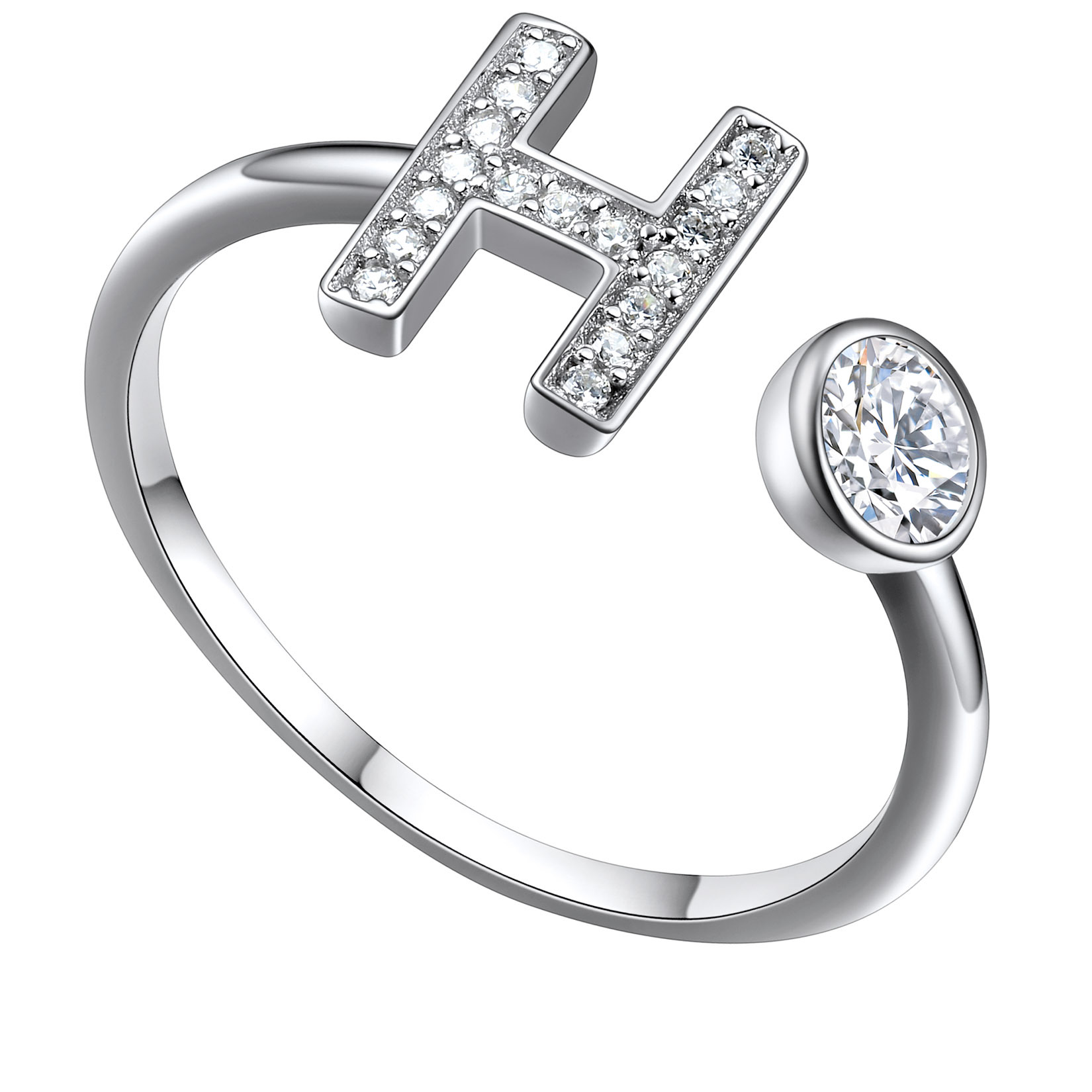  Bagues Ajustables en Argent Sterling avec Initiales A-Z en Zircon Cubique H