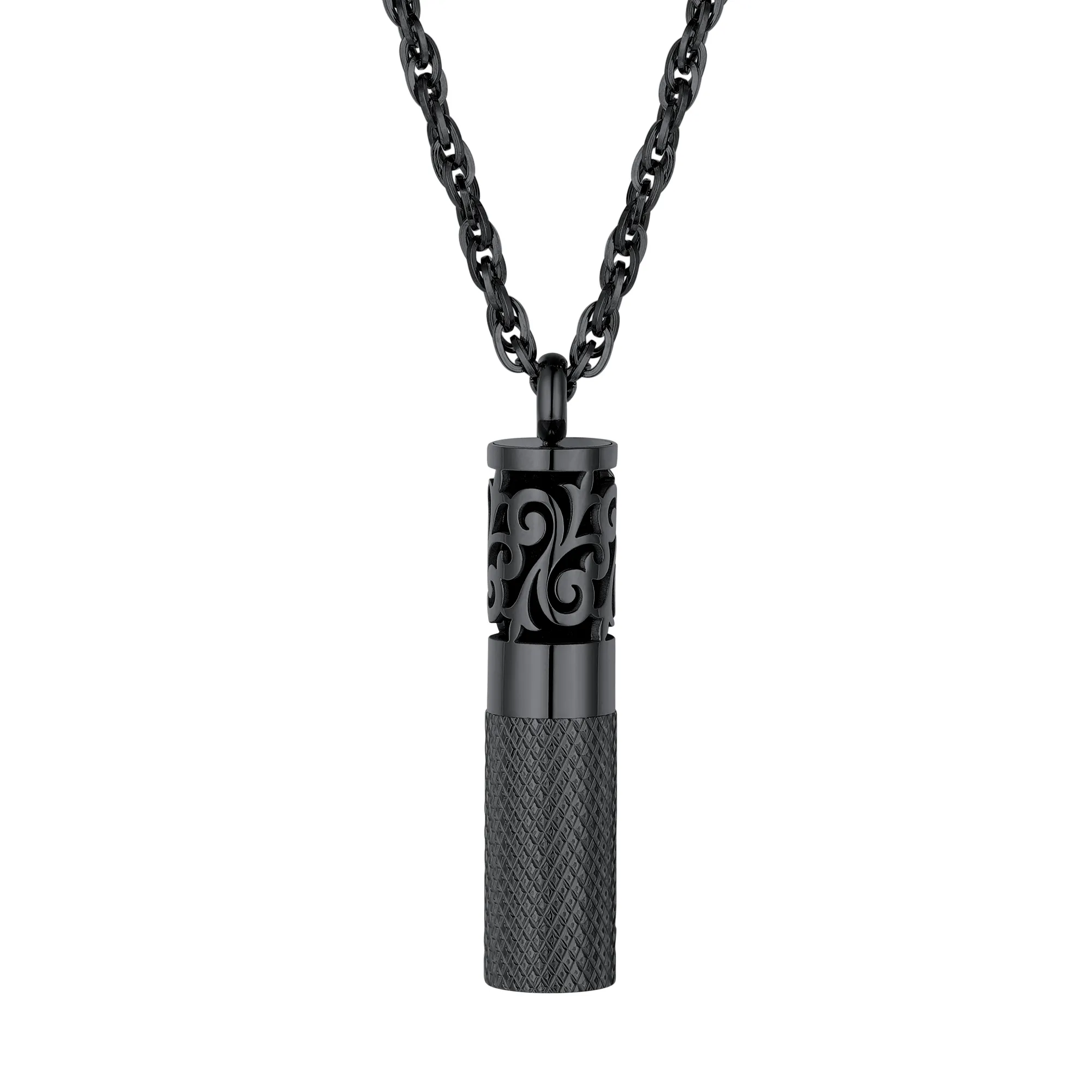 Collier Parfum Cylindre Gravé pour Diffuseur d'Huiles Essentielles Noir