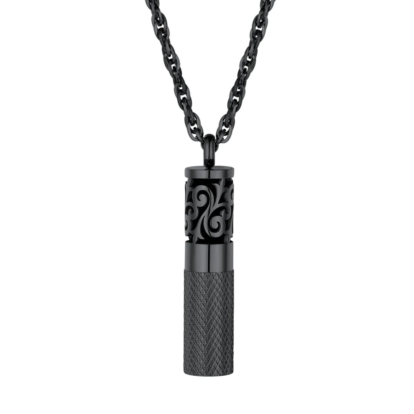 Collier Parfum Cylindre Gravé pour Diffuseur d'Huiles Essentielles Noir