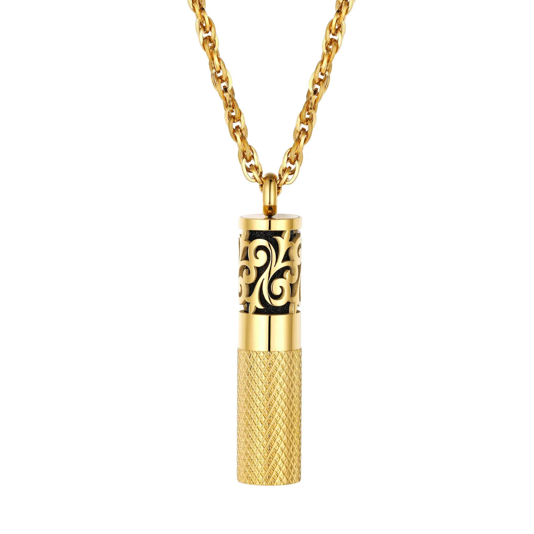 Collier Parfum Cylindre Gravé pour Diffuseur d'Huiles Essentielles Or