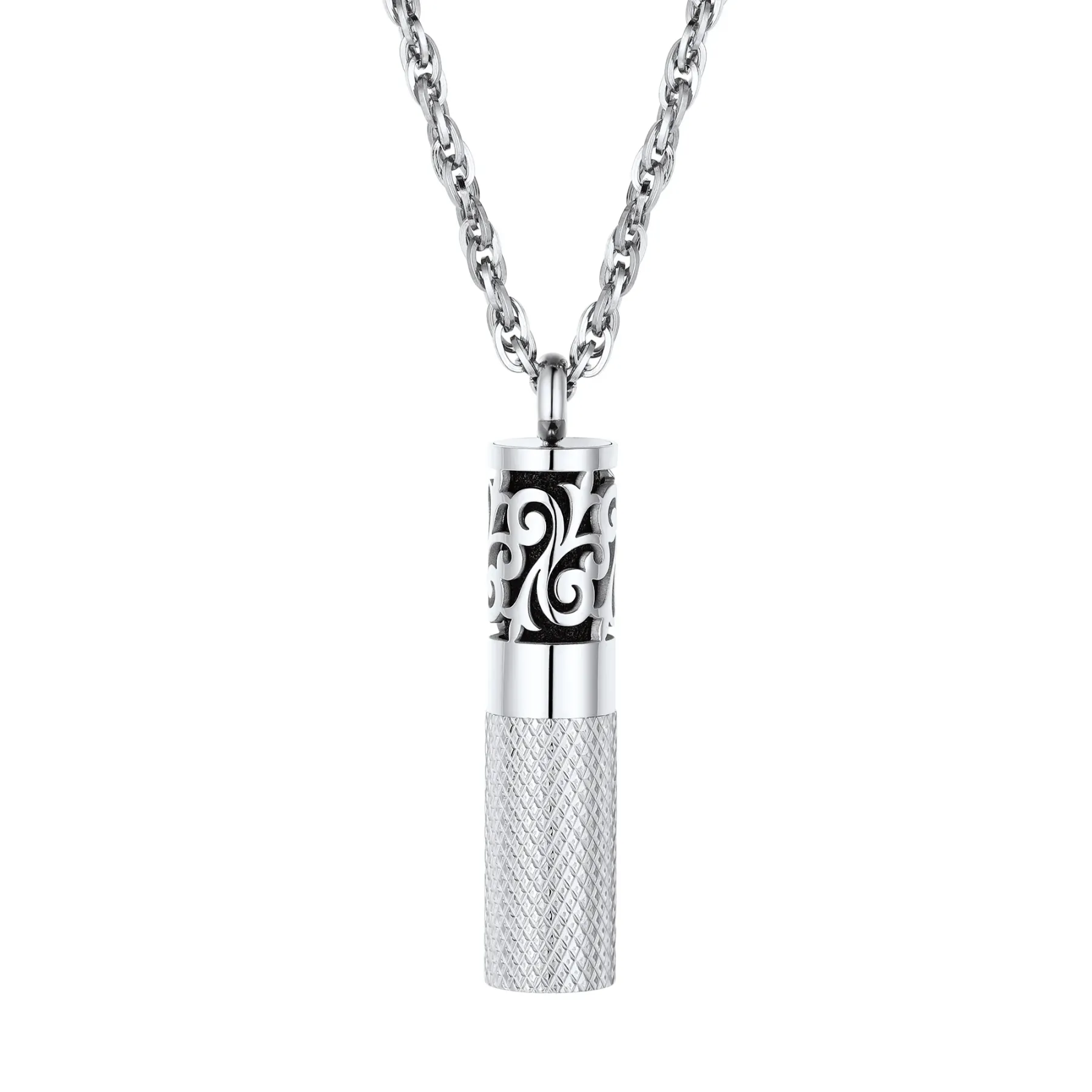 Collier Parfum Cylindre Gravé pour Diffuseur d'Huiles Essentielles Argenté