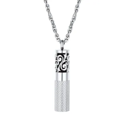 Collier Parfum Cylindre Gravé pour Diffuseur d'Huiles Essentielles Argenté