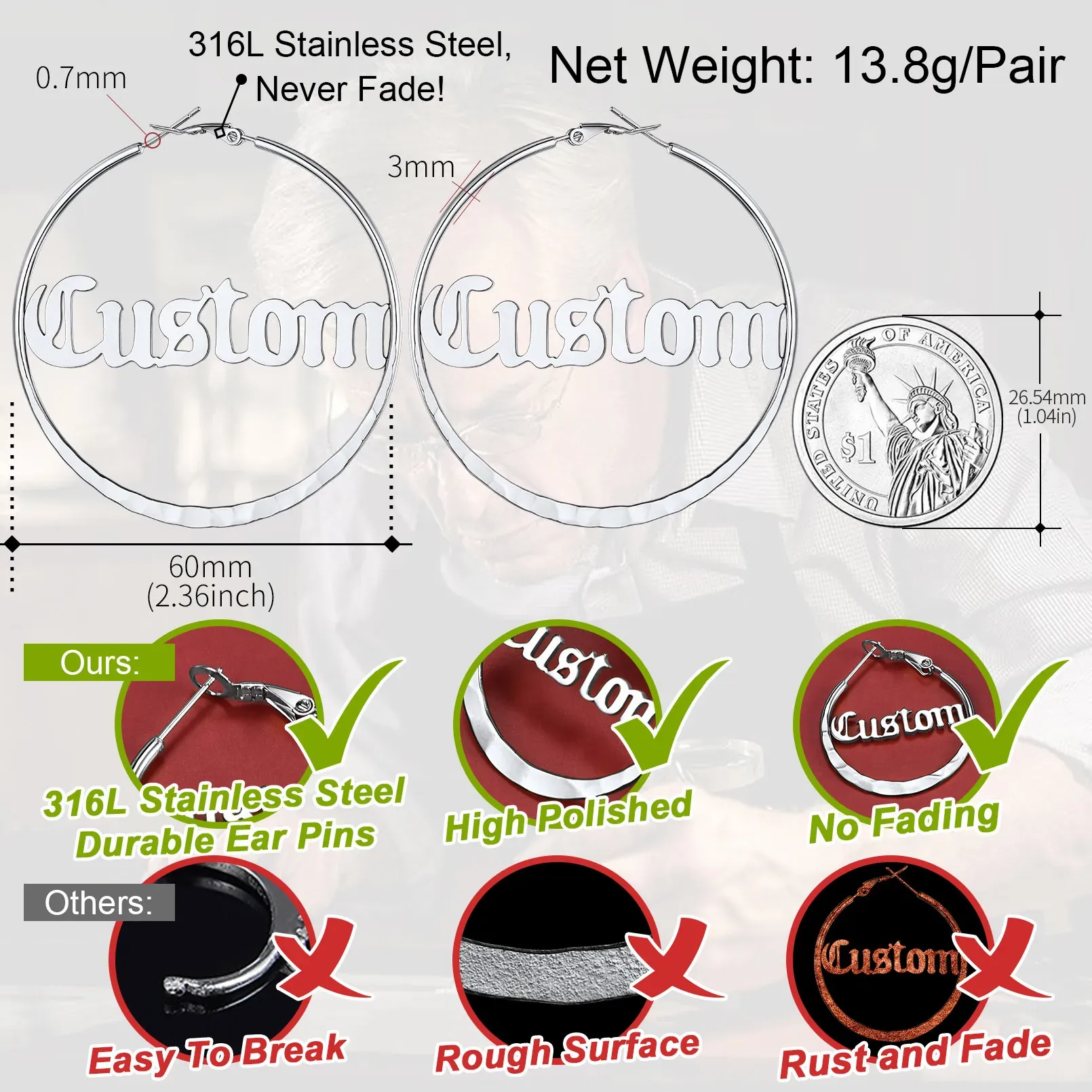 Créoles Rondes Personnalisées avec Double Nom pour Femmes 30/40/60/80mm