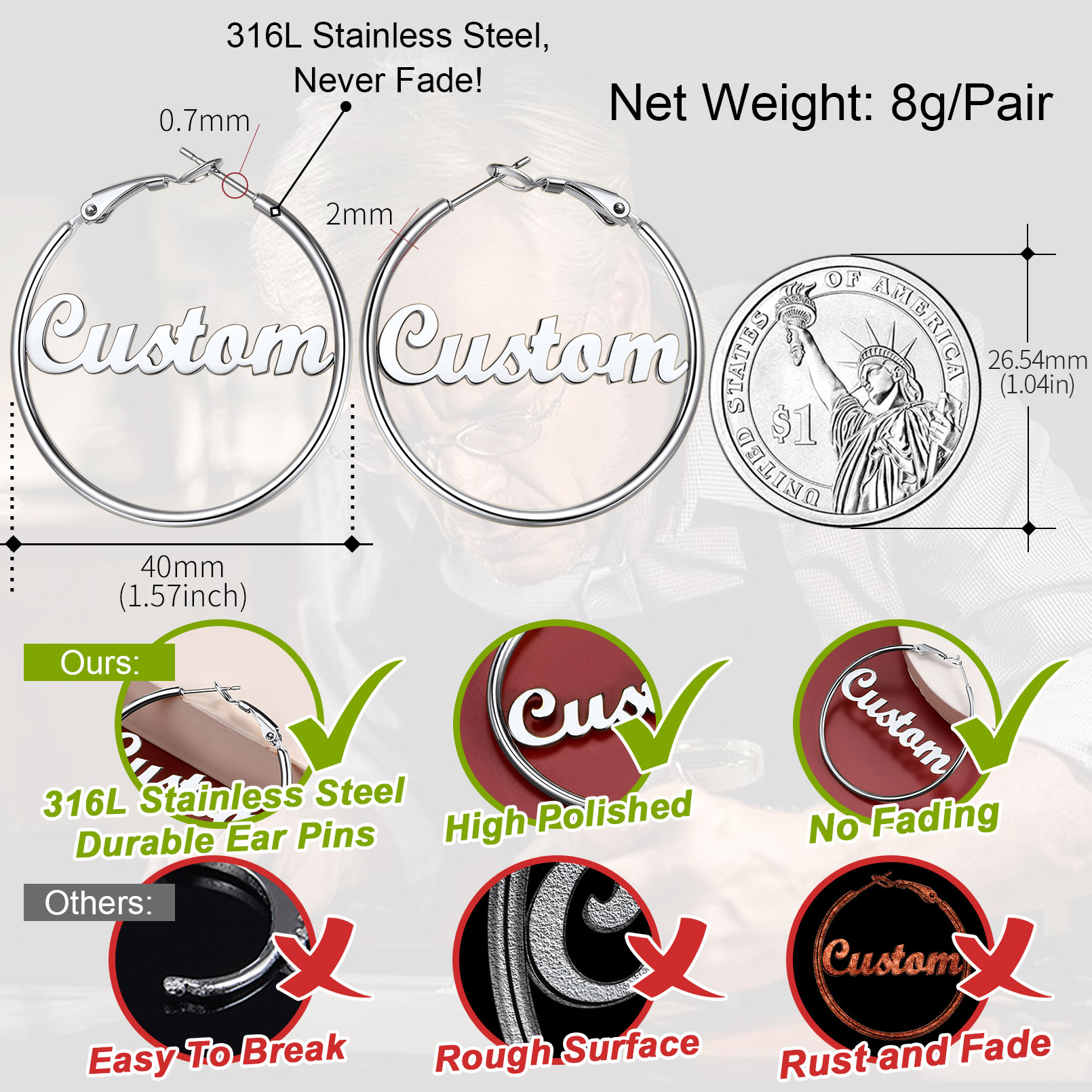 Boucles d'Oreilles Créoles Personnalisées en Acier inoxydable avec Nom Détail