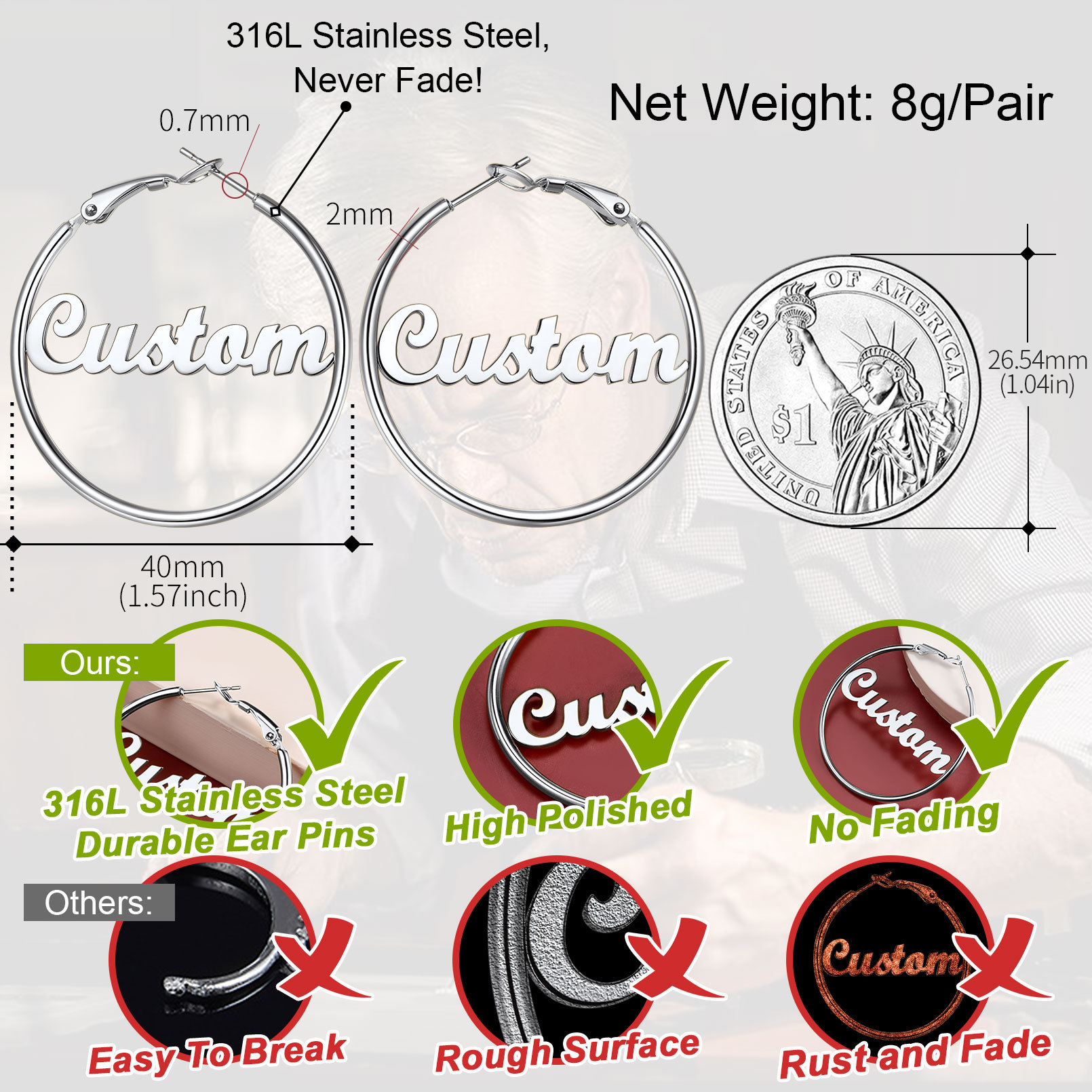 Boucles d'Oreilles Créoles Personnalisées en Acier inoxydable avec Nom Détail