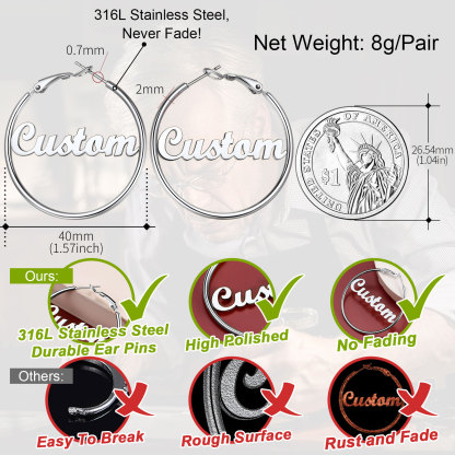 Boucles d'Oreilles Créoles Personnalisées en Acier inoxydable avec Nom Détail