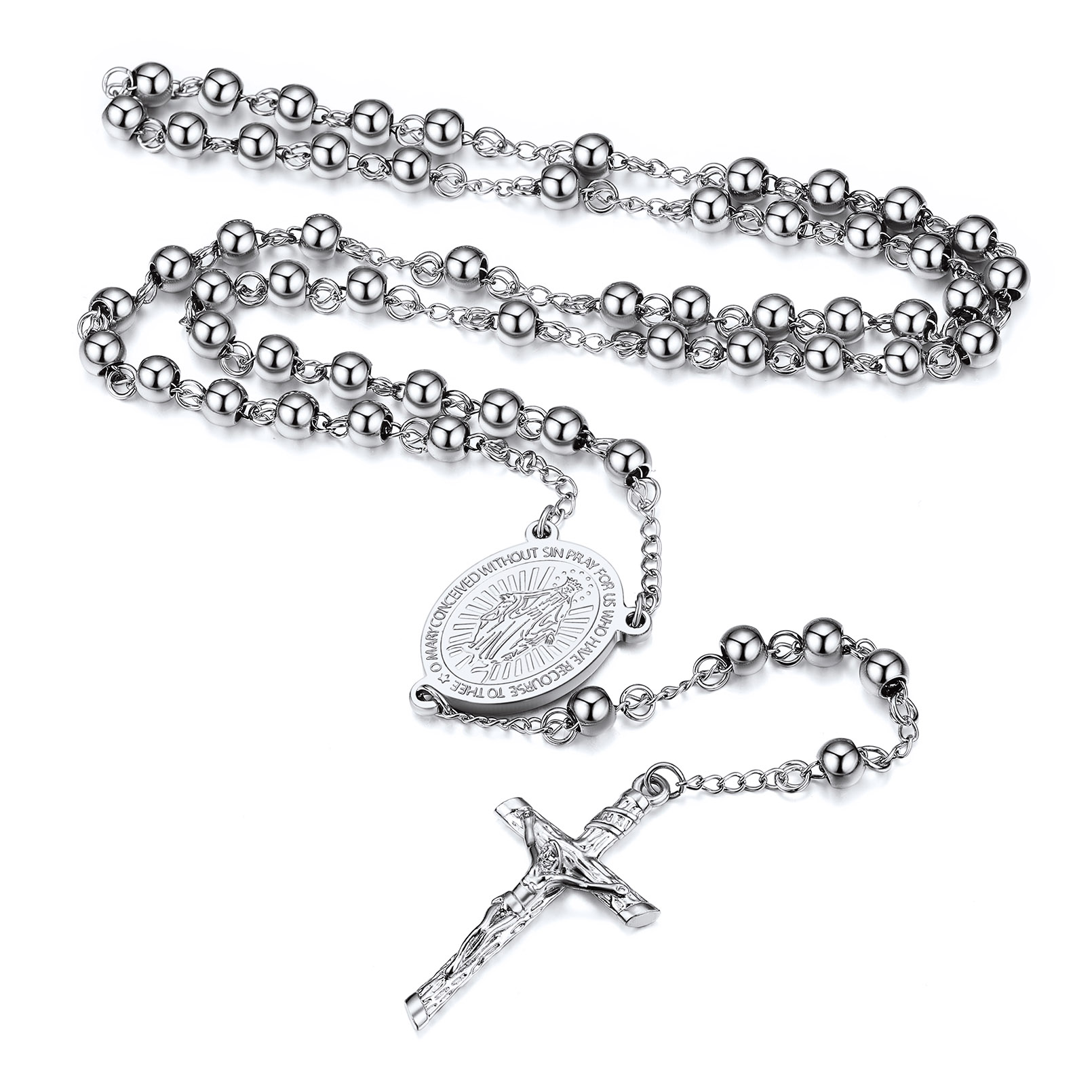 Collier Chapelet Catholique Vierge Marie avec Croix et Perles Homme Femme