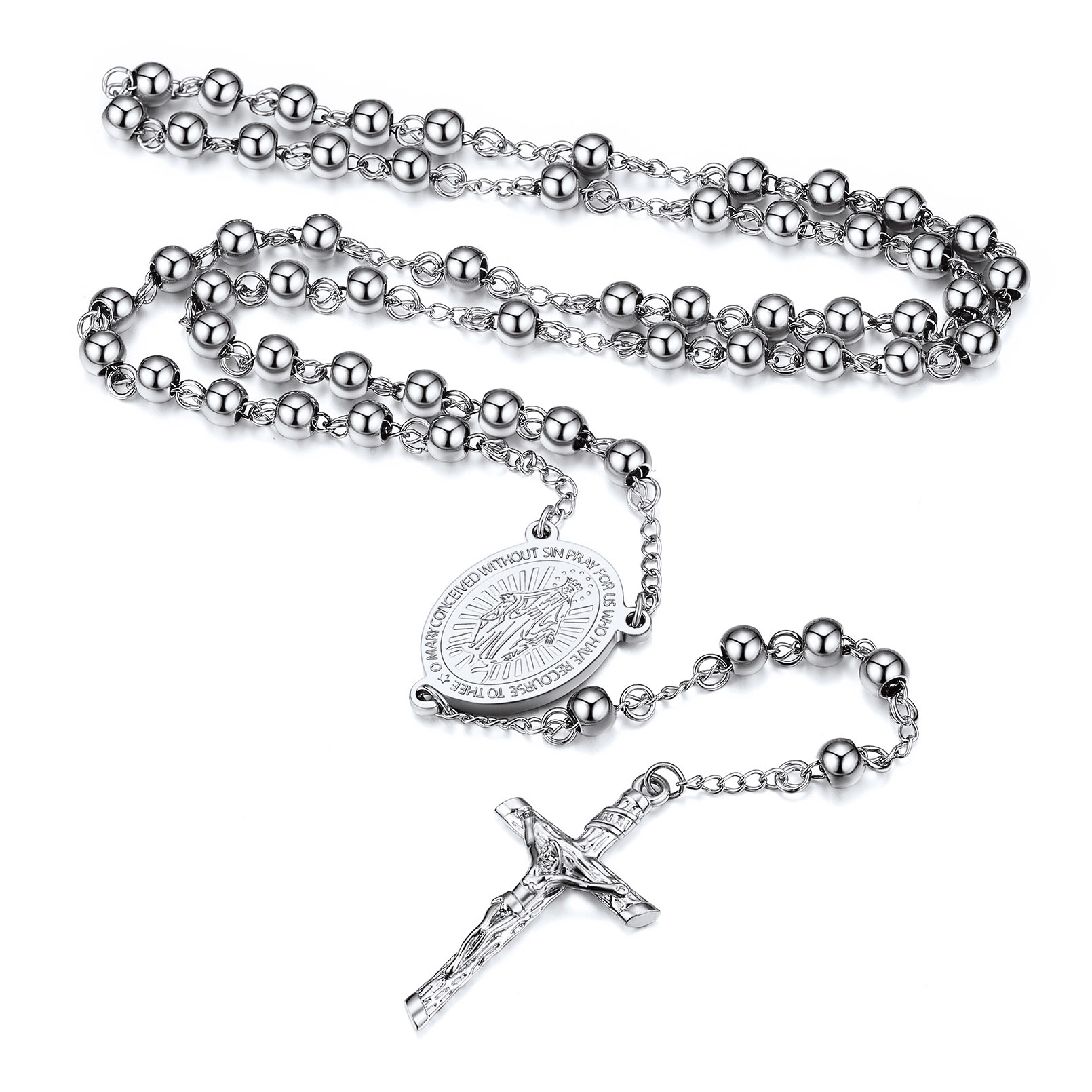 Collier Chapelet Catholique Vierge Marie avec Croix et Perles Homme Femme
