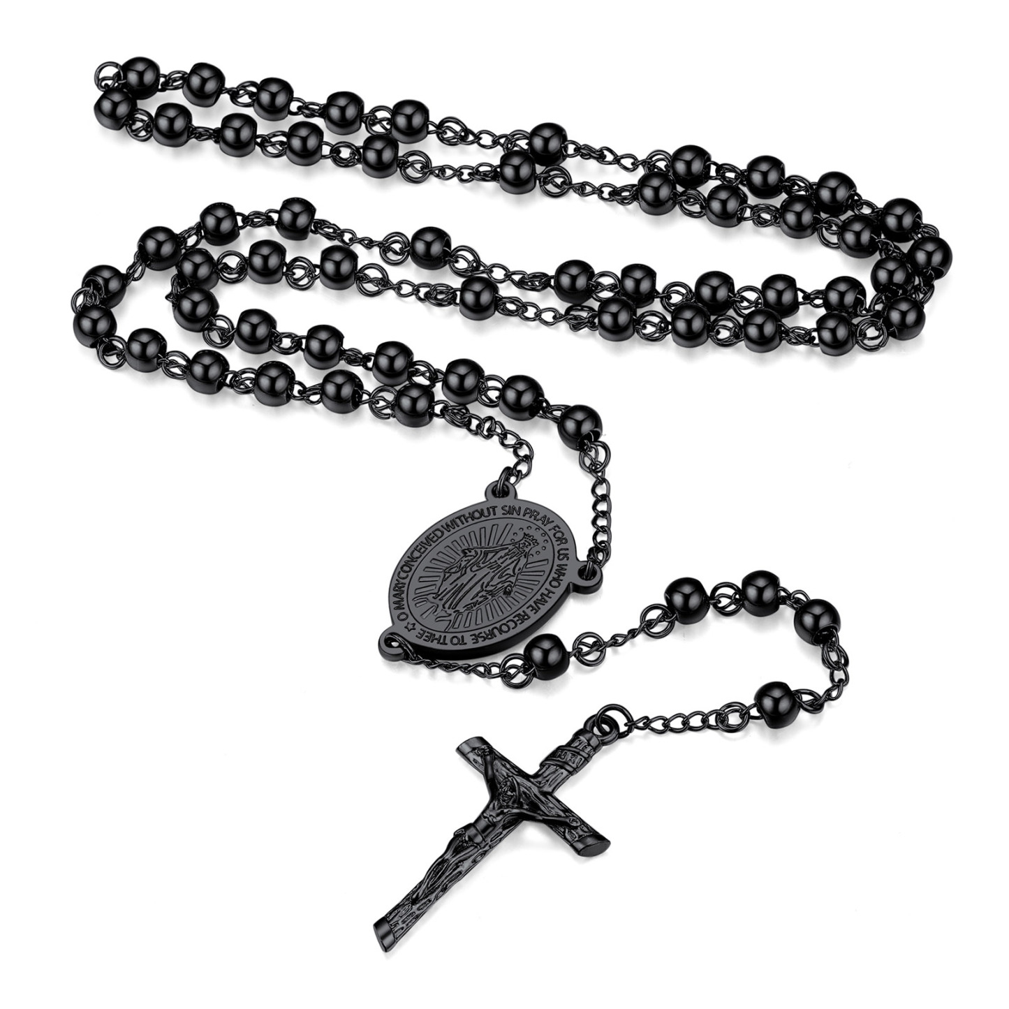 Collier Chapelet Catholique Vierge Marie avec Croix et Perles Noir
