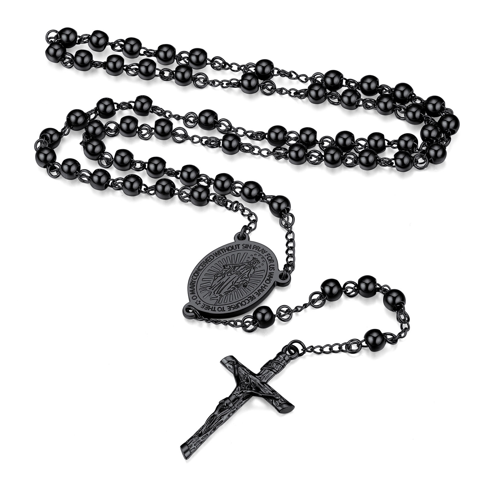 Collier Chapelet Catholique Vierge Marie avec Croix et Perles Noir
