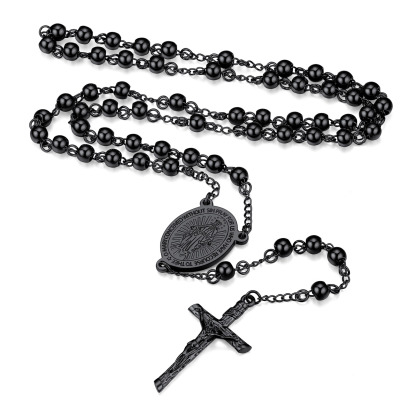 Collier Chapelet Catholique Vierge Marie avec Croix et Perles Noir
