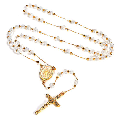 Collier Chapelet Catholique Vierge Marie avec Croix et Perles Blanc